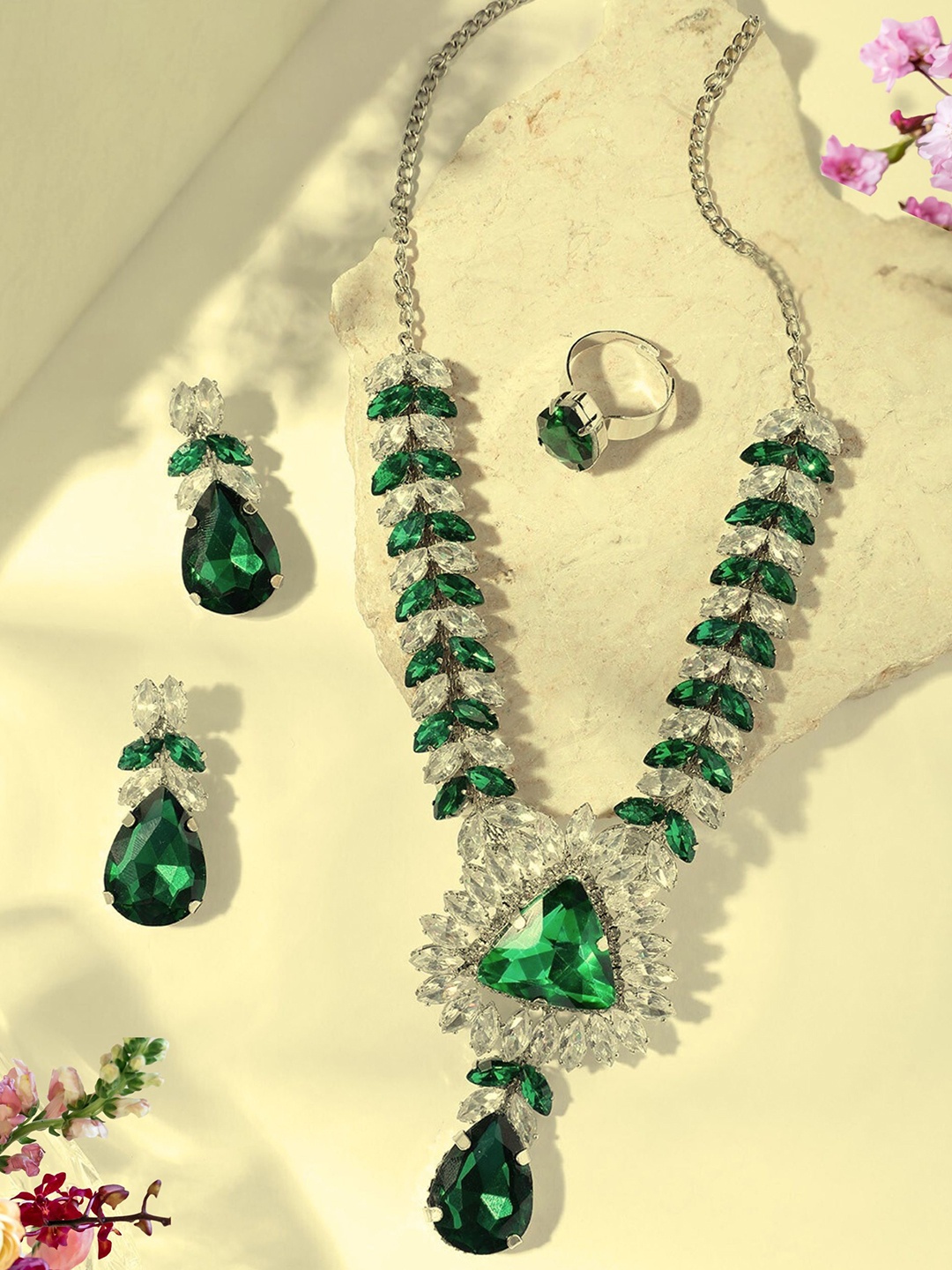 

ORANGENYSHA Rhodium Plated Crystal AD Gemstone-Studded Jewelry Set With Ring, Green
