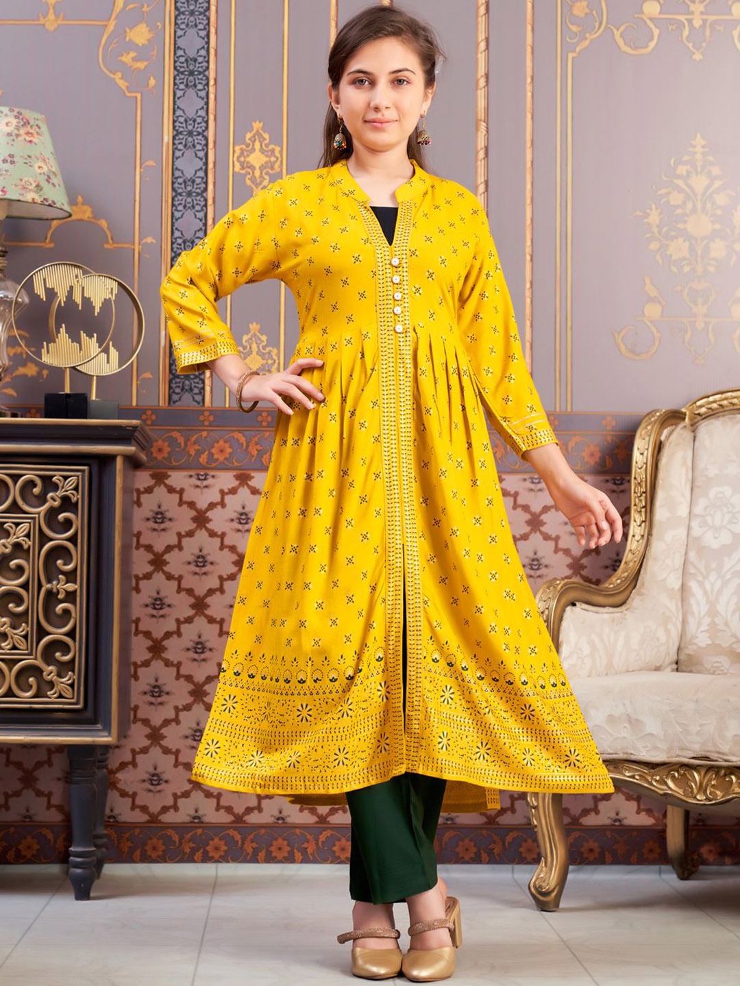 

Sangria Girls Ethnic Motifs Printed Mandarin Collar A-Line Kurta With Trouser, Yellow