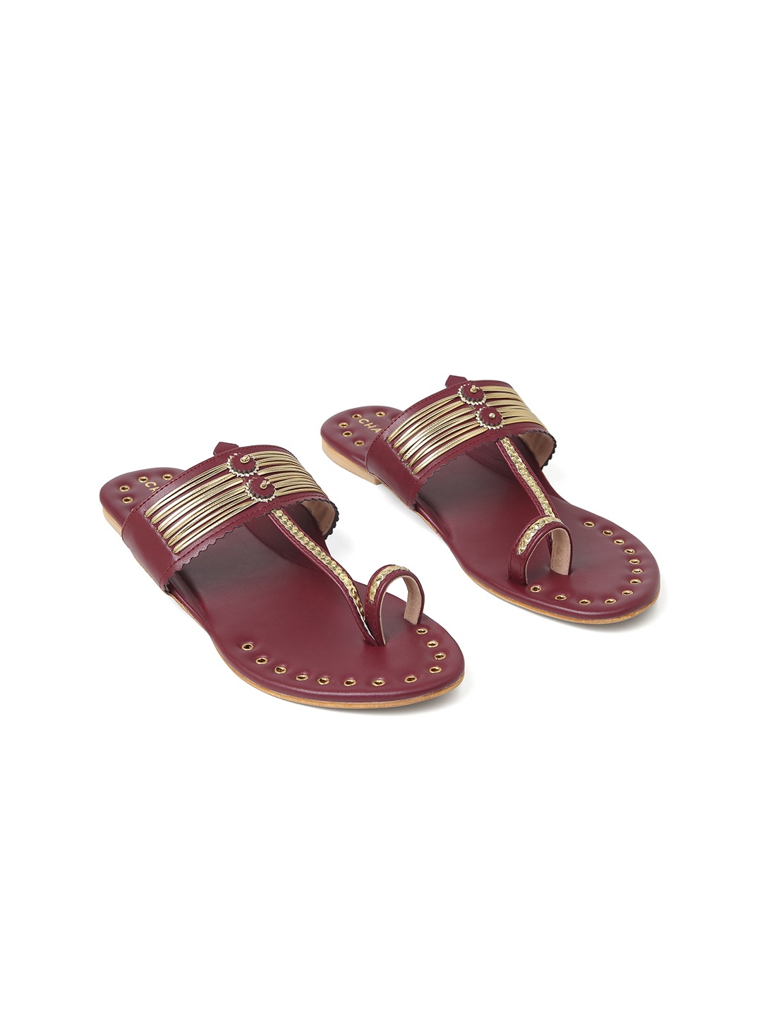 

CHAAL CHALAN Women Striped Ethnic One Toe Flats, Maroon