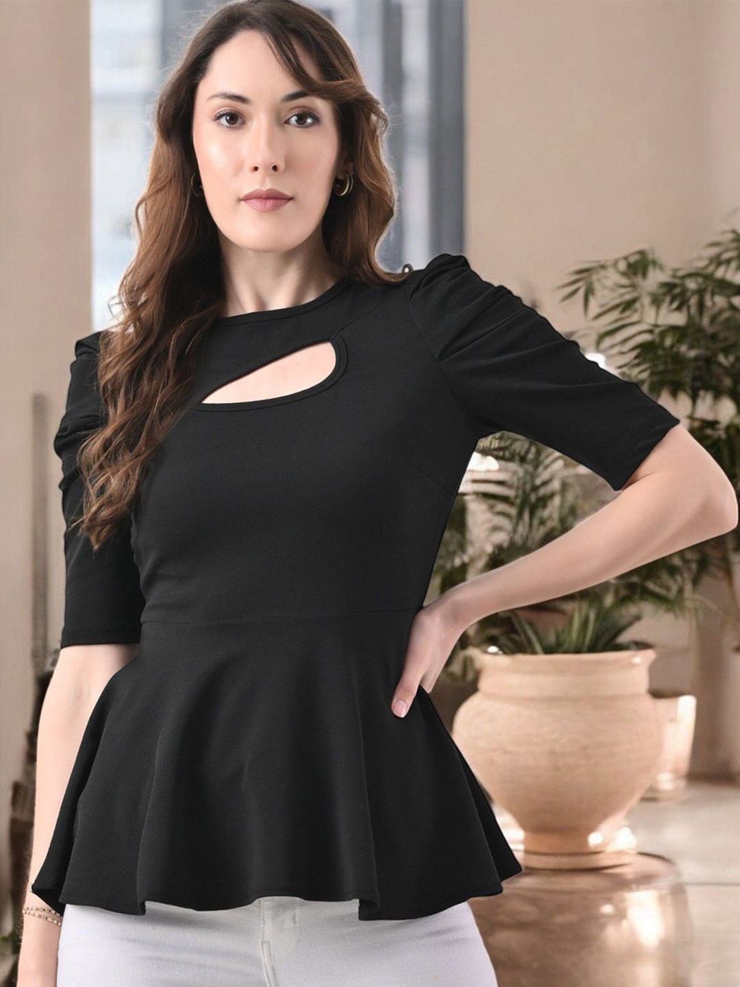 

Arbiter Collection Puff Sleeve Peplum Top, Black