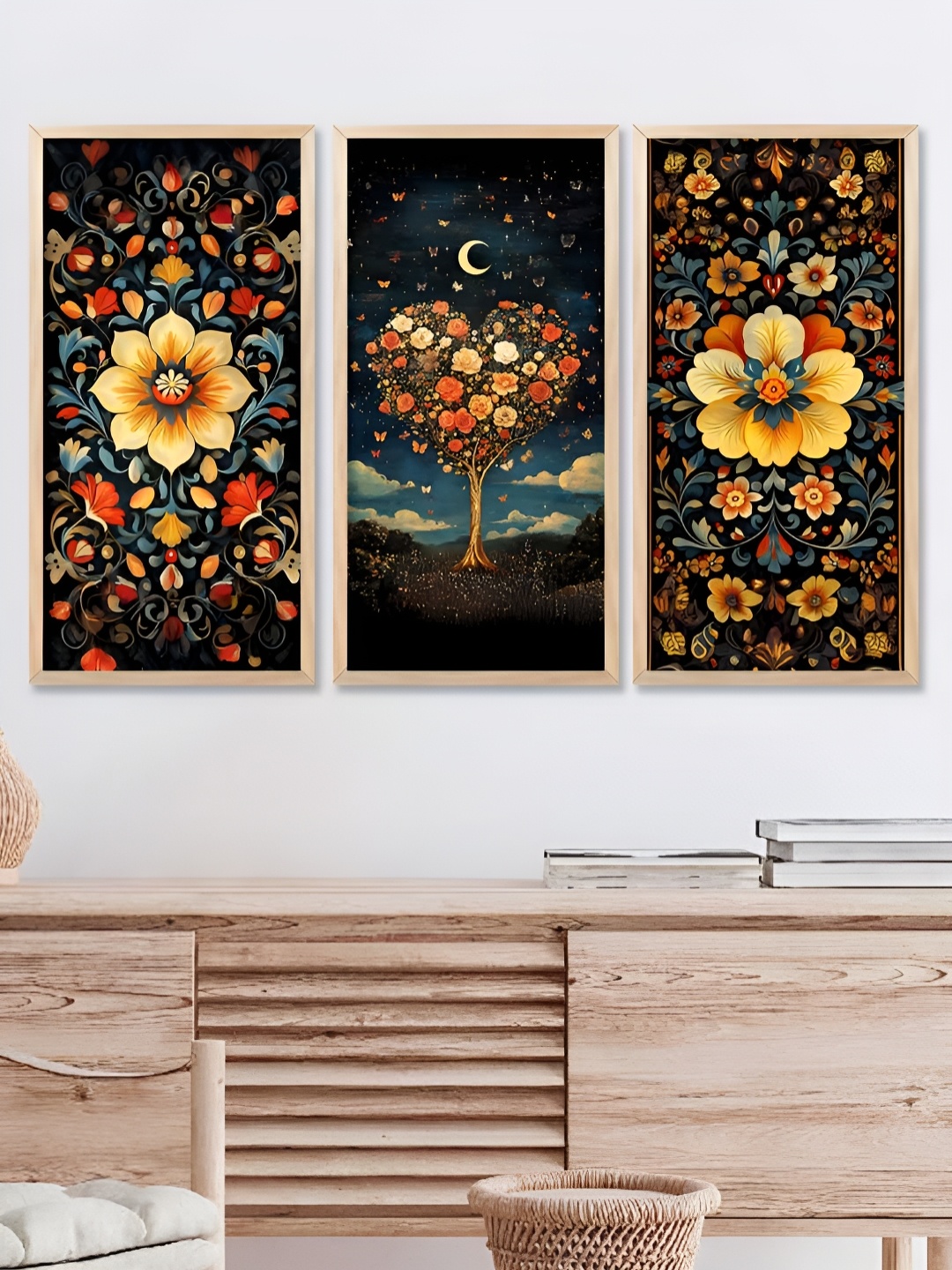 

WALLLANE Navy Blue & Yellow 3 Piece Wood Abstract Wall Paintings