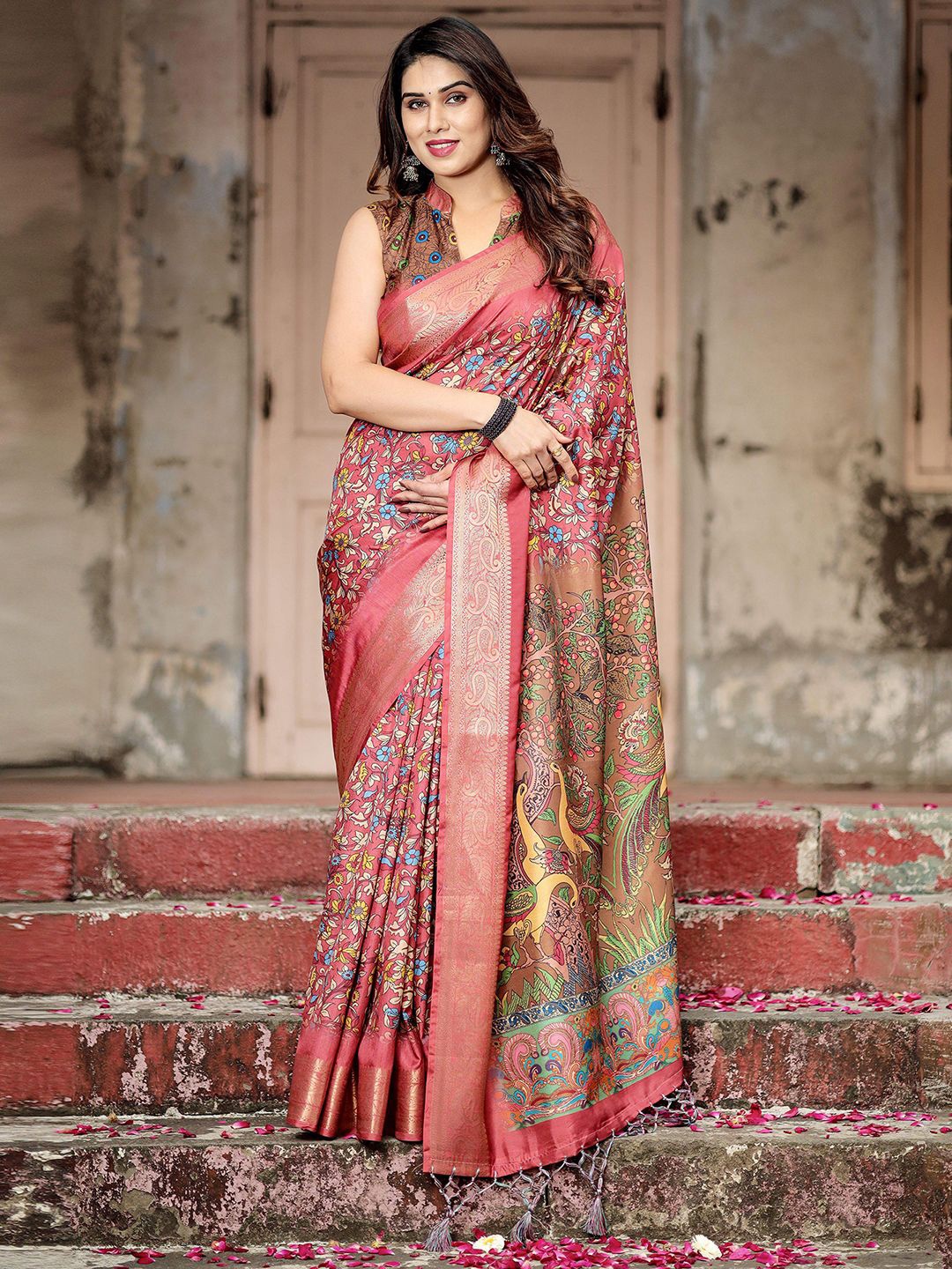 

DIVASTRI Kalamkari Zari Paithani Saree, Pink