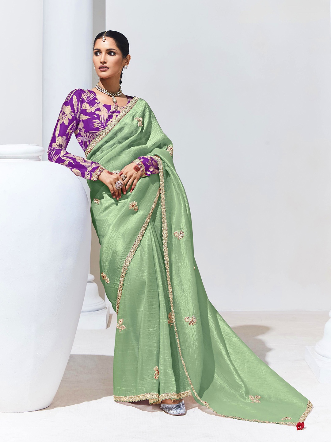 

House of D&S Embellished Beads and Stones Pure Silk Saree, Green