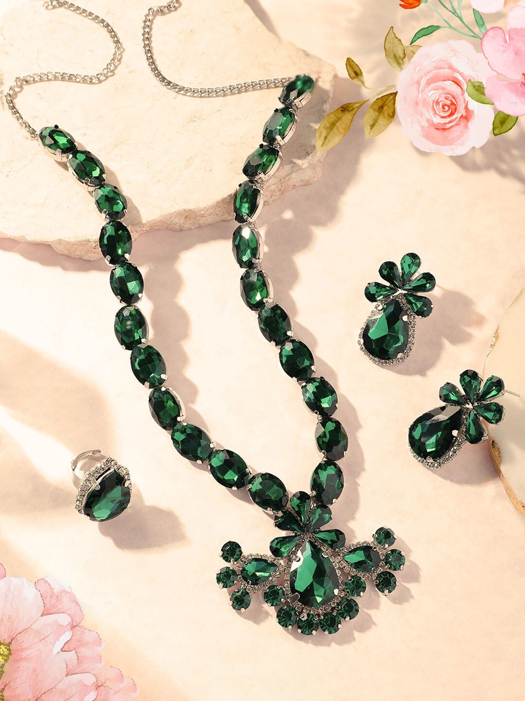 

ORANGENYSHA Rhodium Plated Crystal AD Gemstone-Studded Jewelry Set With Ring, Green