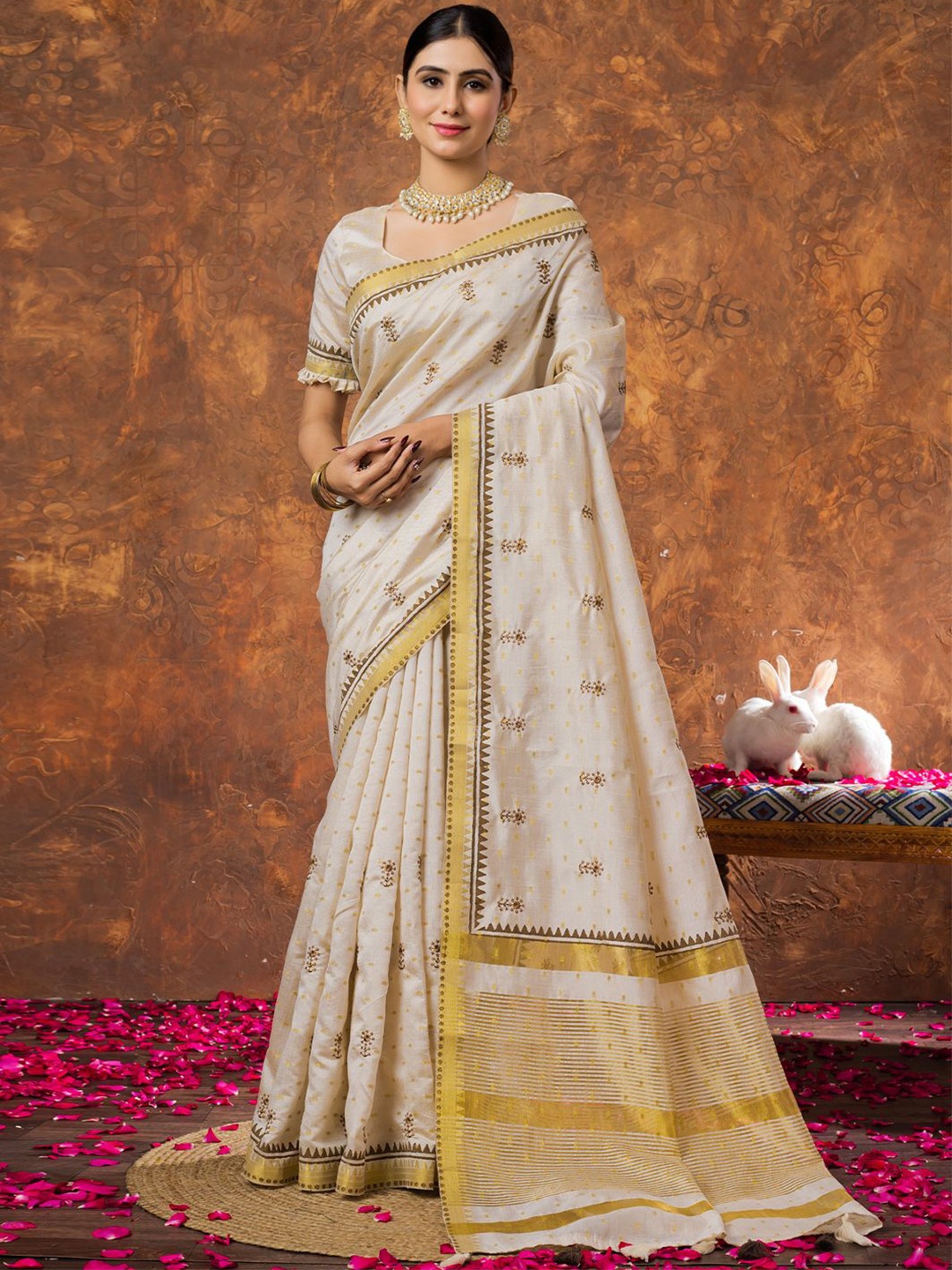 

Saree mall Woven Design Zari Kasavu Sarees, Cream