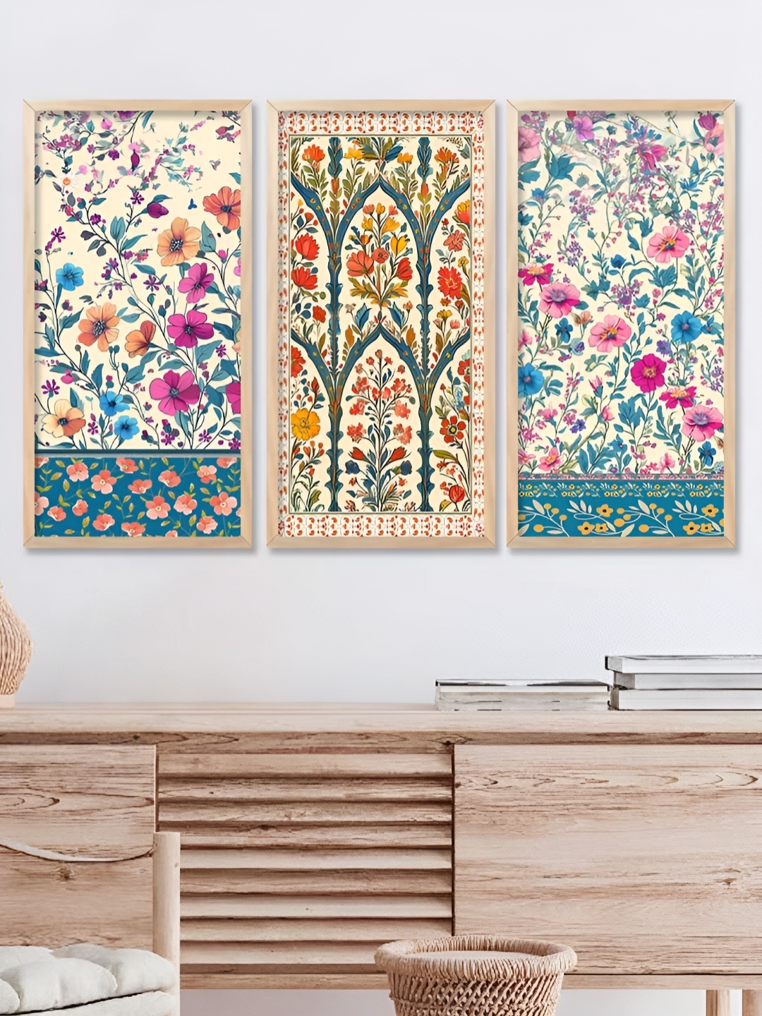 

WALLLANE Beige & Blue 3 Piece Wood Floral and Botanical Wall Paintings