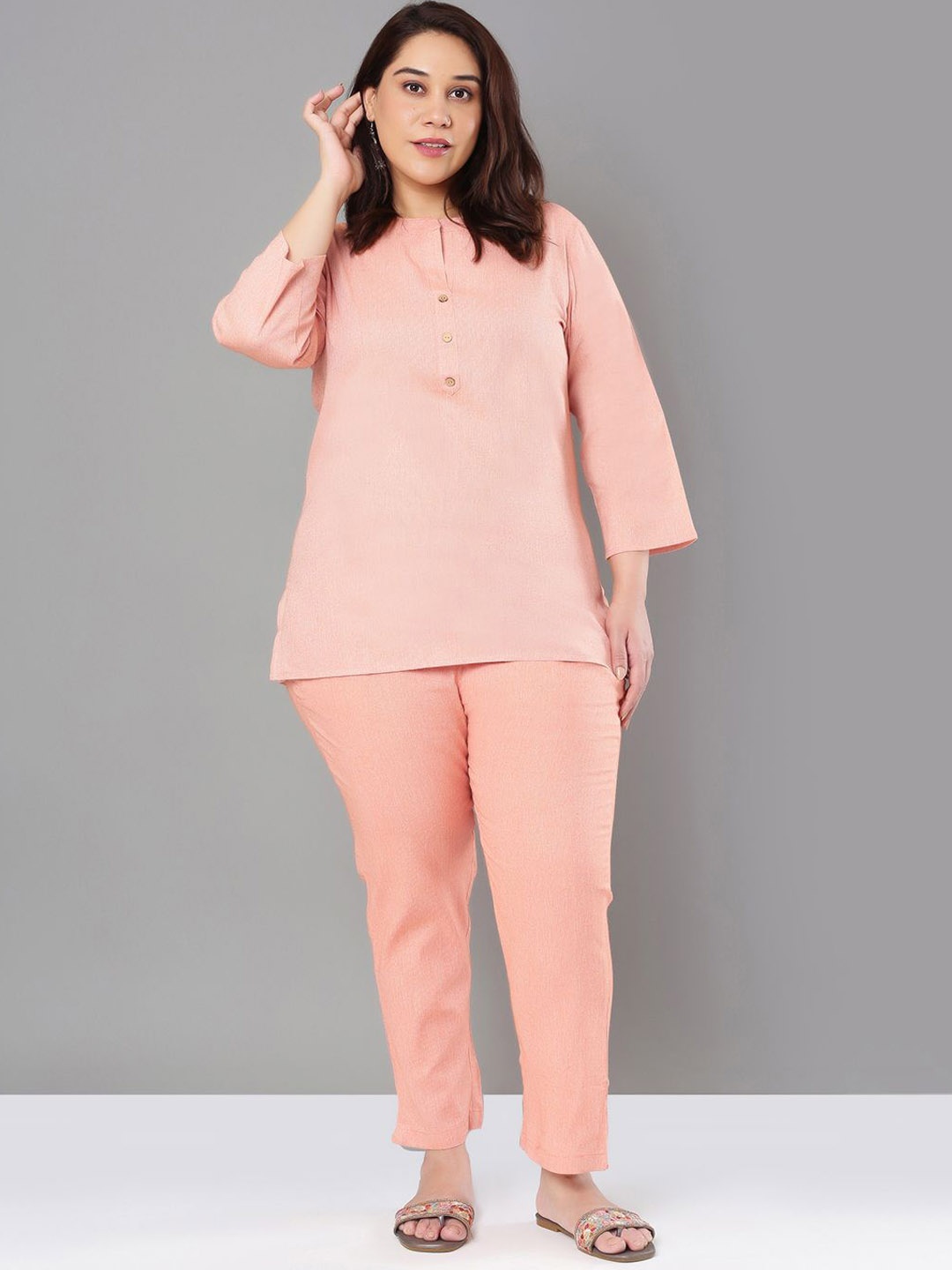 

Sztori Pure Cotton Mandarin Collar Top With Trousers Co-Ords, Pink
