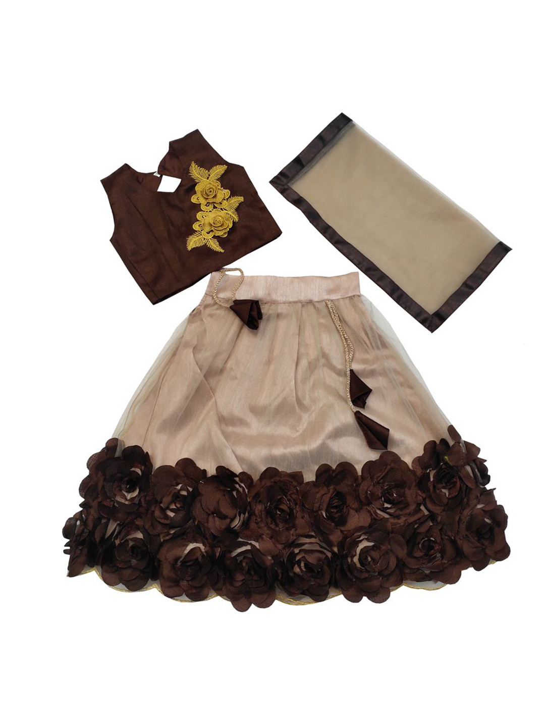 

satyamfab Girls Embroidered Patchwork Ready to Wear Lehenga & Blouse With Dupatta, Beige