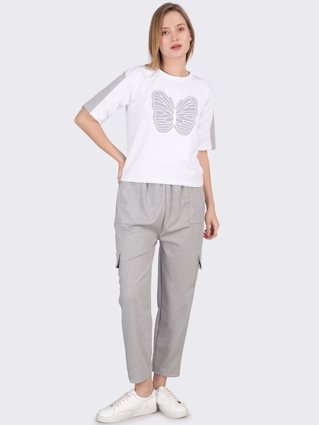 

SMSHOPMORE Printed Pure Cotton T-Shirt With Trouser Co-Ords, Grey