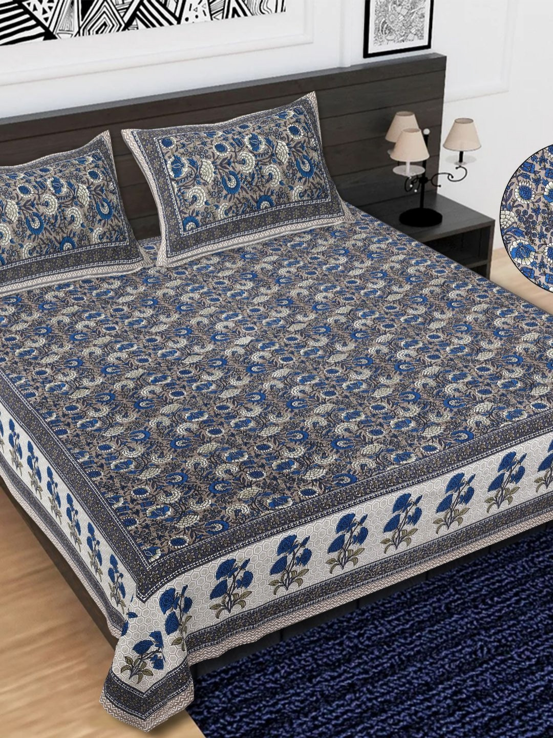 

COLOURSBLOCK White & Blue Printed Cotton 144 TC Queen Bedsheet Set 2.40 m x 2.15 m