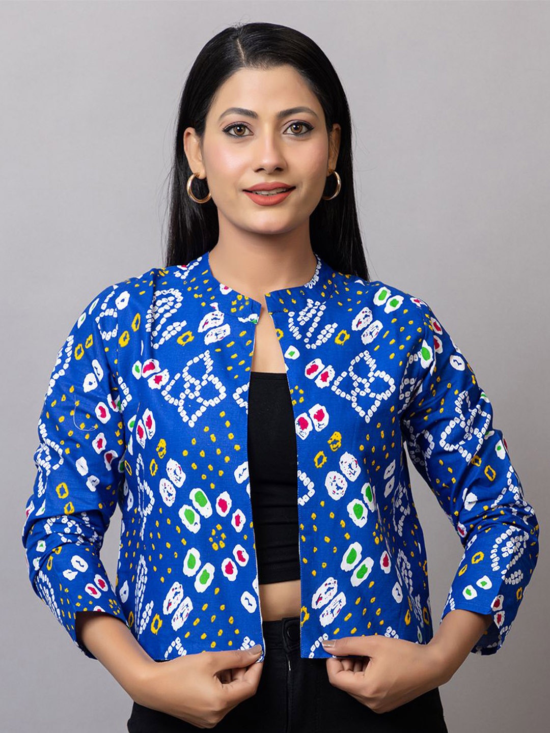 

PROBASIC Geometric Print Cotton Denim Crop Top, Blue