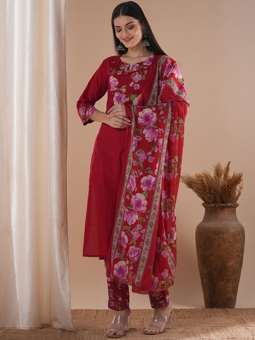 

FASHOR Women Ethnic Motifs Printed Regular Thread Work Pure Cotton Kurta with Trousers & With Dupatta, Red