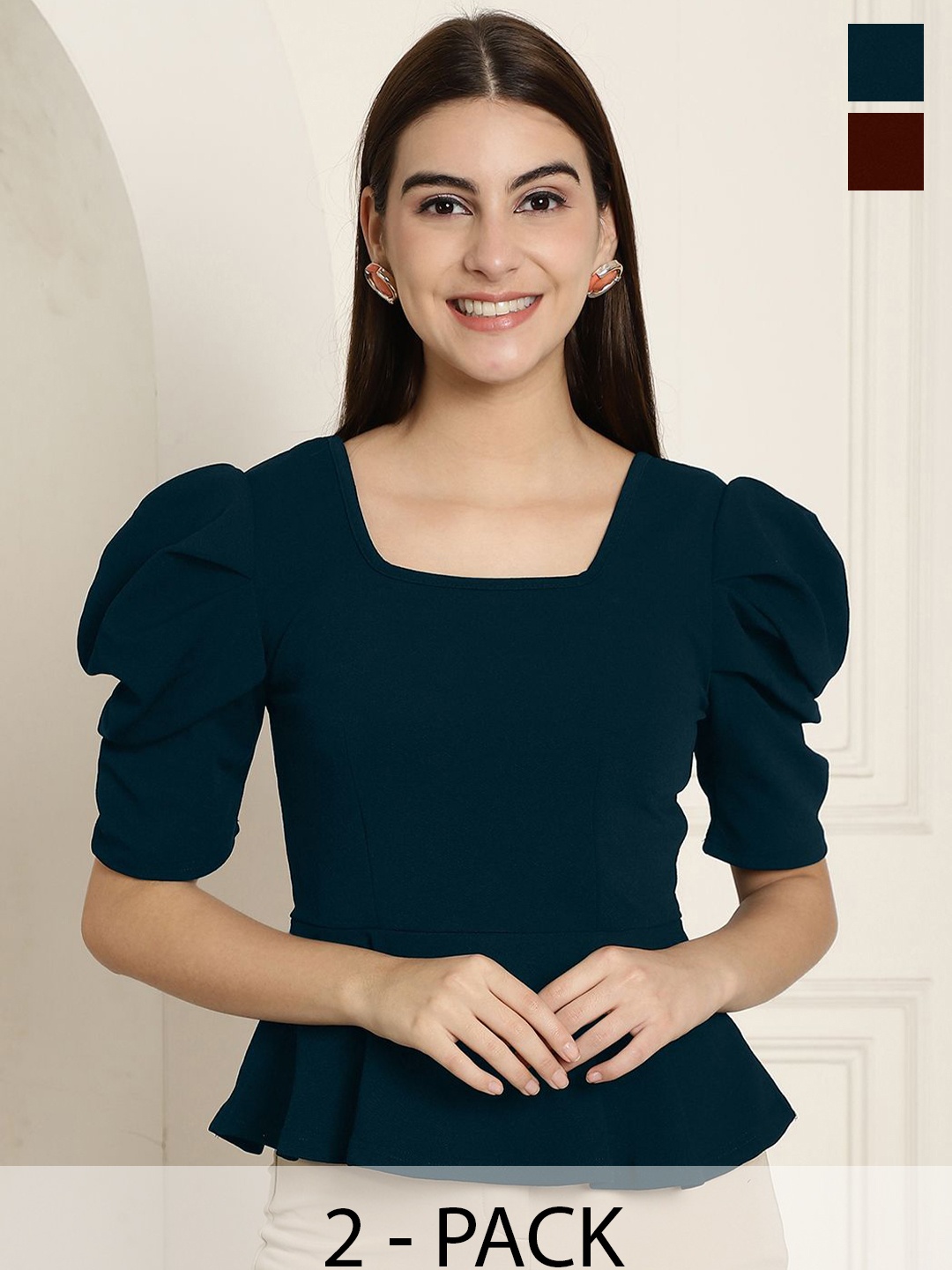 

Tromko Women Pack Of 2 Puff Sleeve Peplum Top, Blue