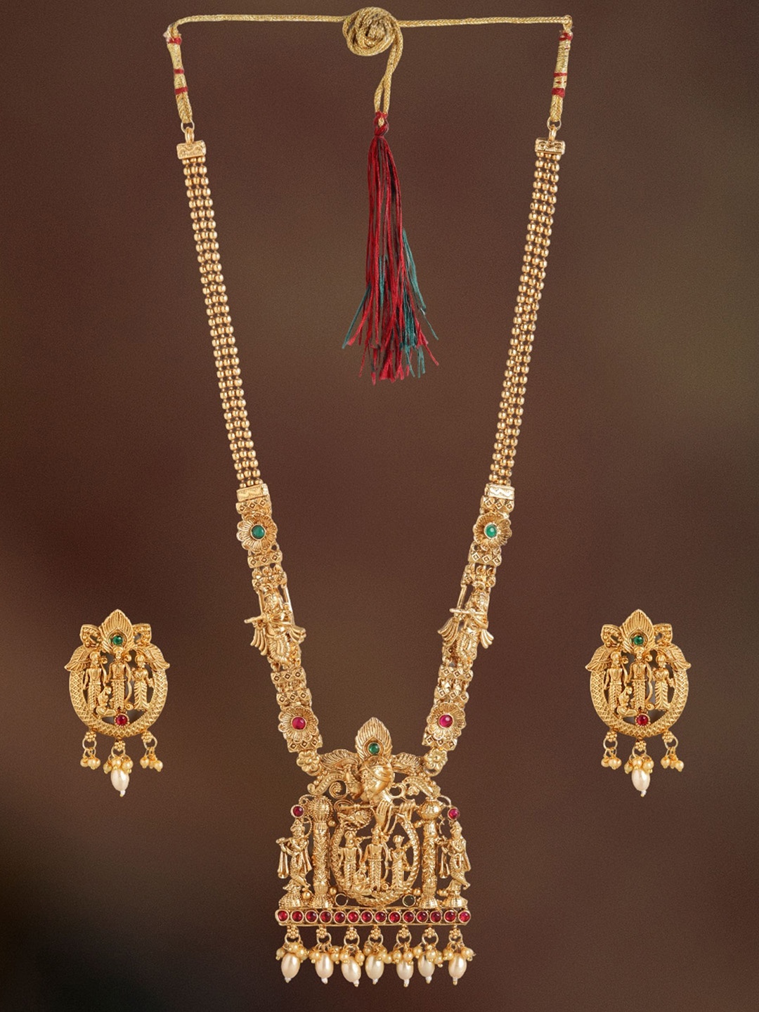 

ORANGENYSHA Gold-Plated Kundan-Studded & Beaded Jewellery Set, Red