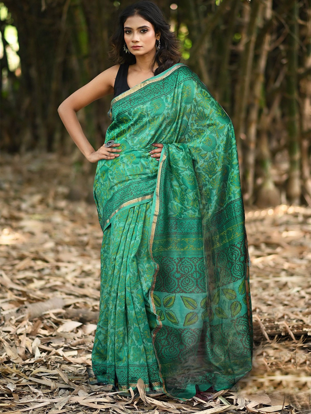 

Unnati Silks Floral Zari Silk Cotton Handloom Chanderi Saree, Turquoise blue