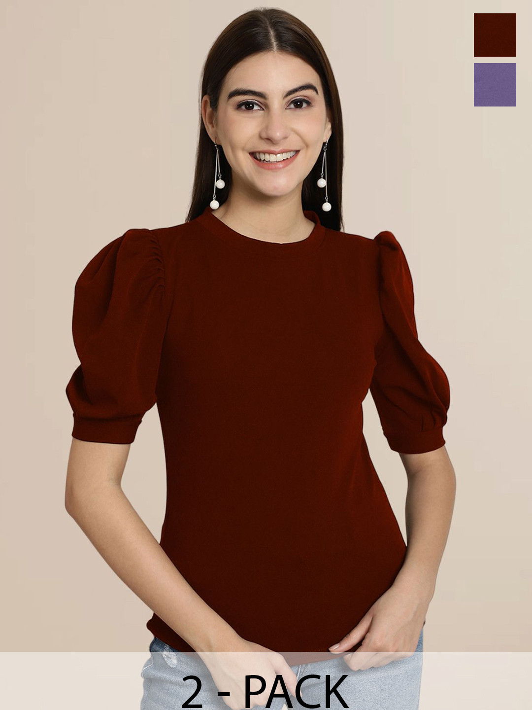 

Tromko Women Puff Sleeves Round Neck Top, Multi