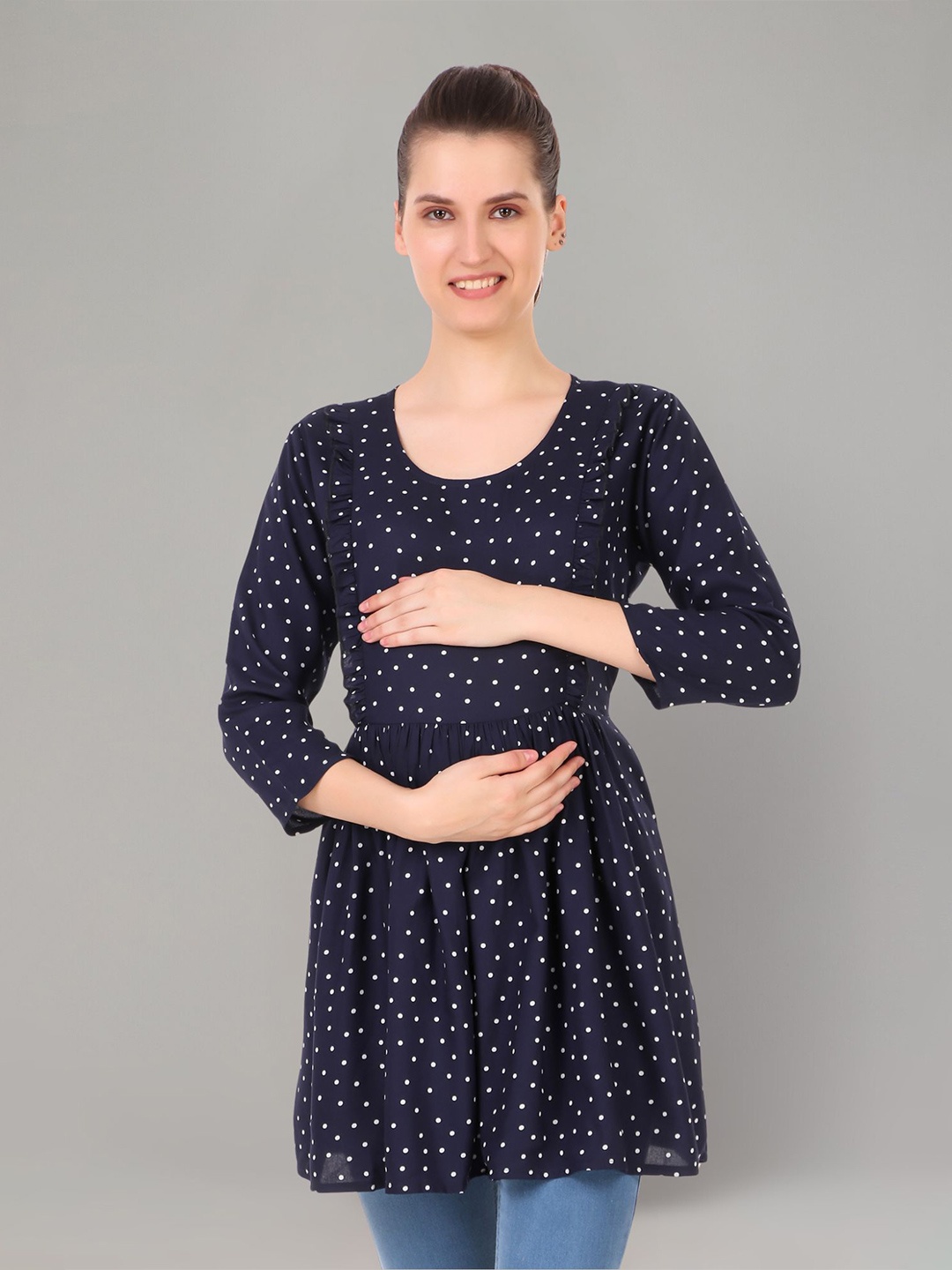 

Zuvino Polka Dot Print Peplum Longline Top, Navy blue