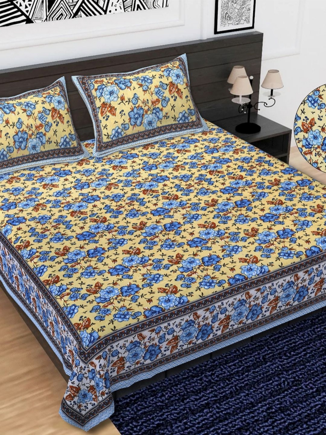 

COLOURSBLOCK Blue & White Floral 144 TC King Bedsheet with 2 Pillow Covers