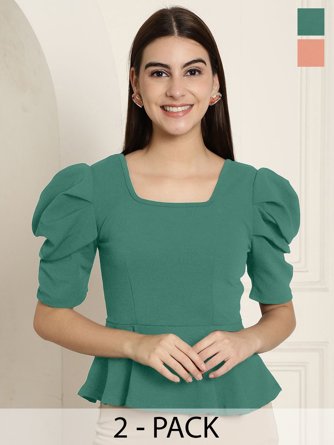 

Tromko Women Pack Of 2 Puff Sleeve Peplum Top, Green