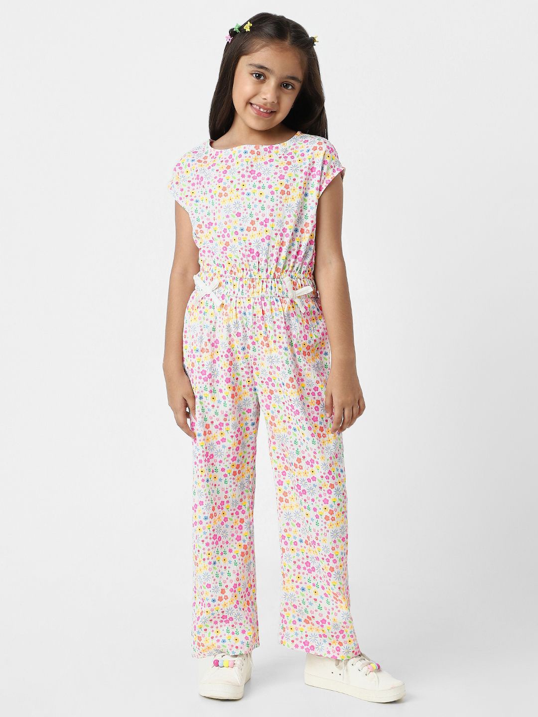 

Nauti Nati Girls Printed Basic Jumpsuit with Applique, White