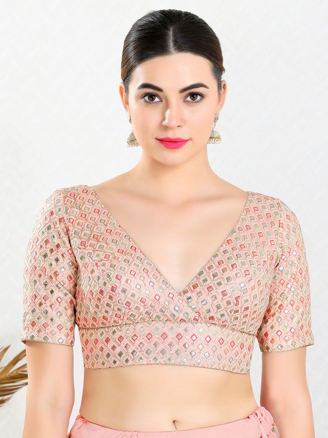 

VAMAS - THE DESIGNER BLOUSES Embroidered V-Neck Padded Saree Blouse, Peach