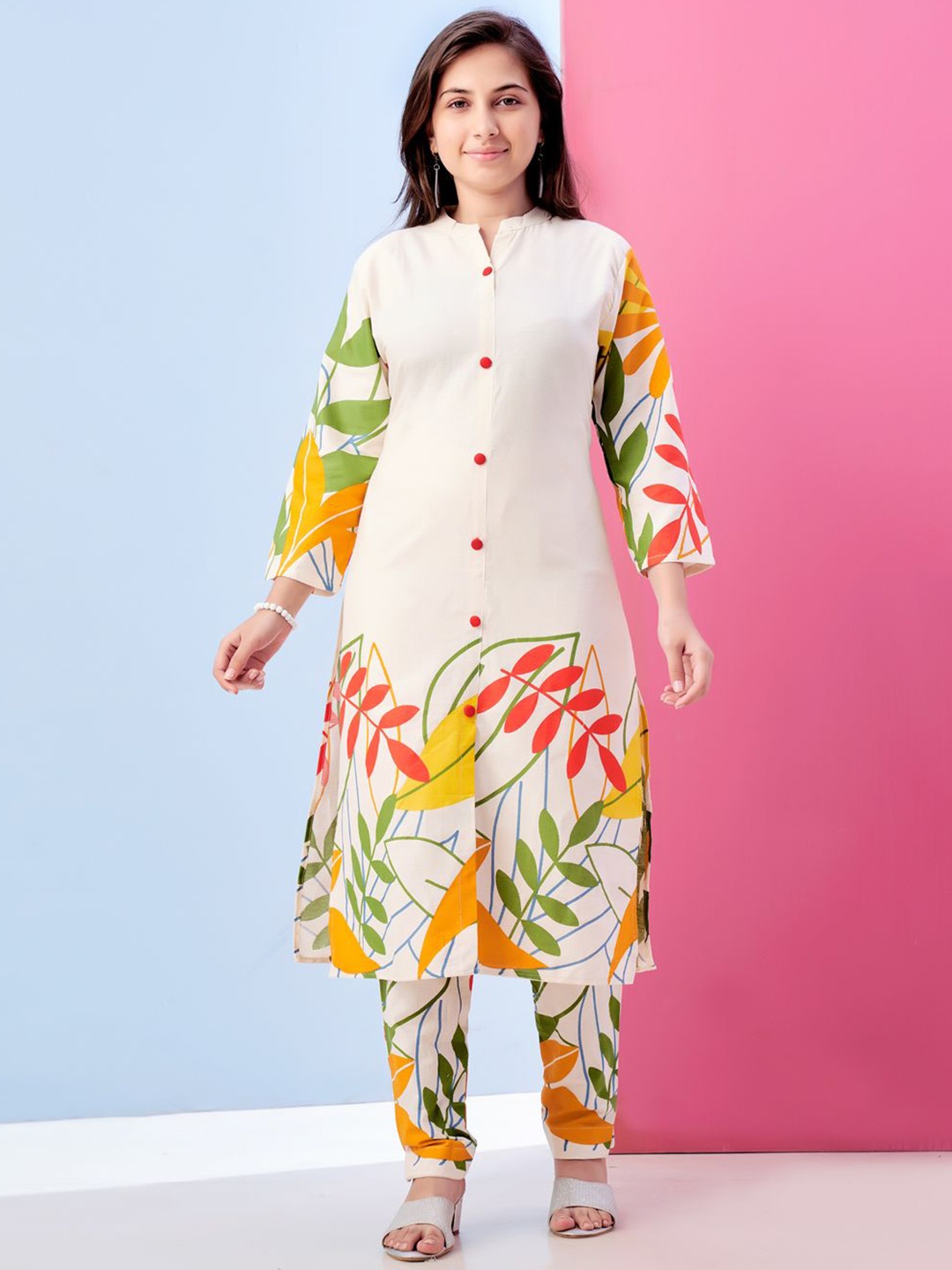 

BAESD Girls Floral Printed A-Line Pure Cotton Kurta With Trousers, Cream