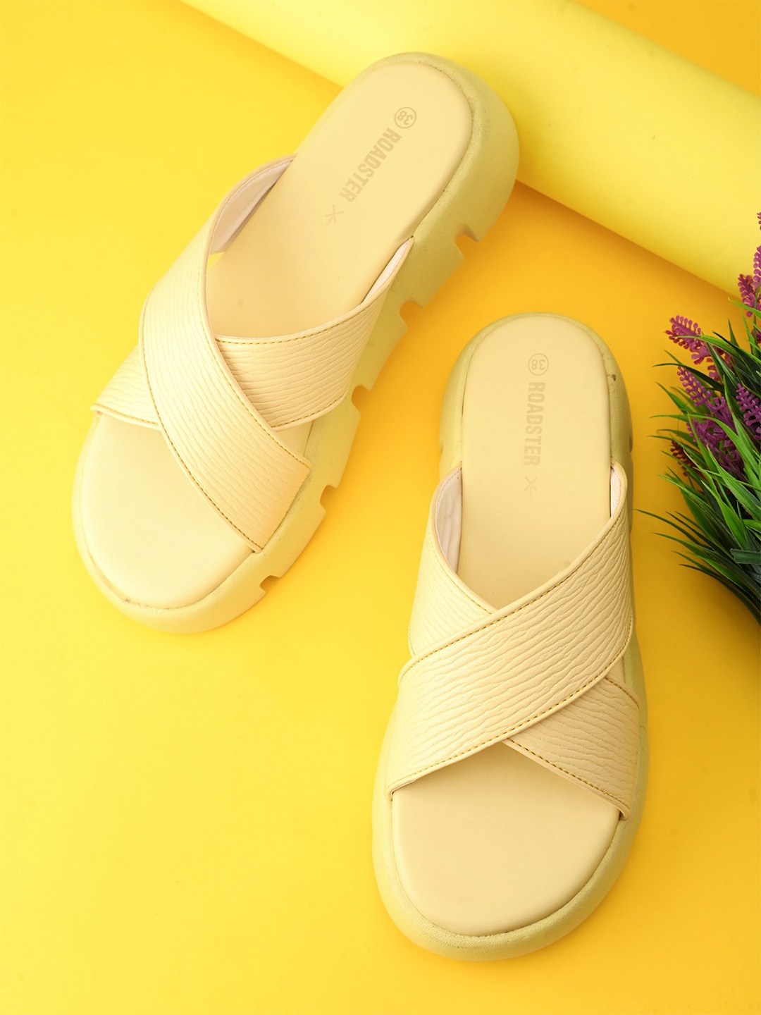 

The Roadster Lifestyle Co Women Textured Criss-Cross Open Toe Flats, Yellow