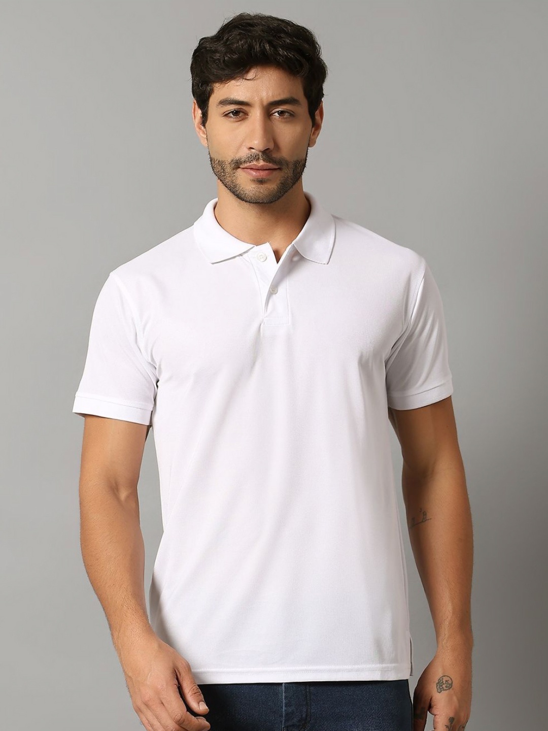 

AUXAMIS Men Polo Collar Raw Edge T-shirt, White