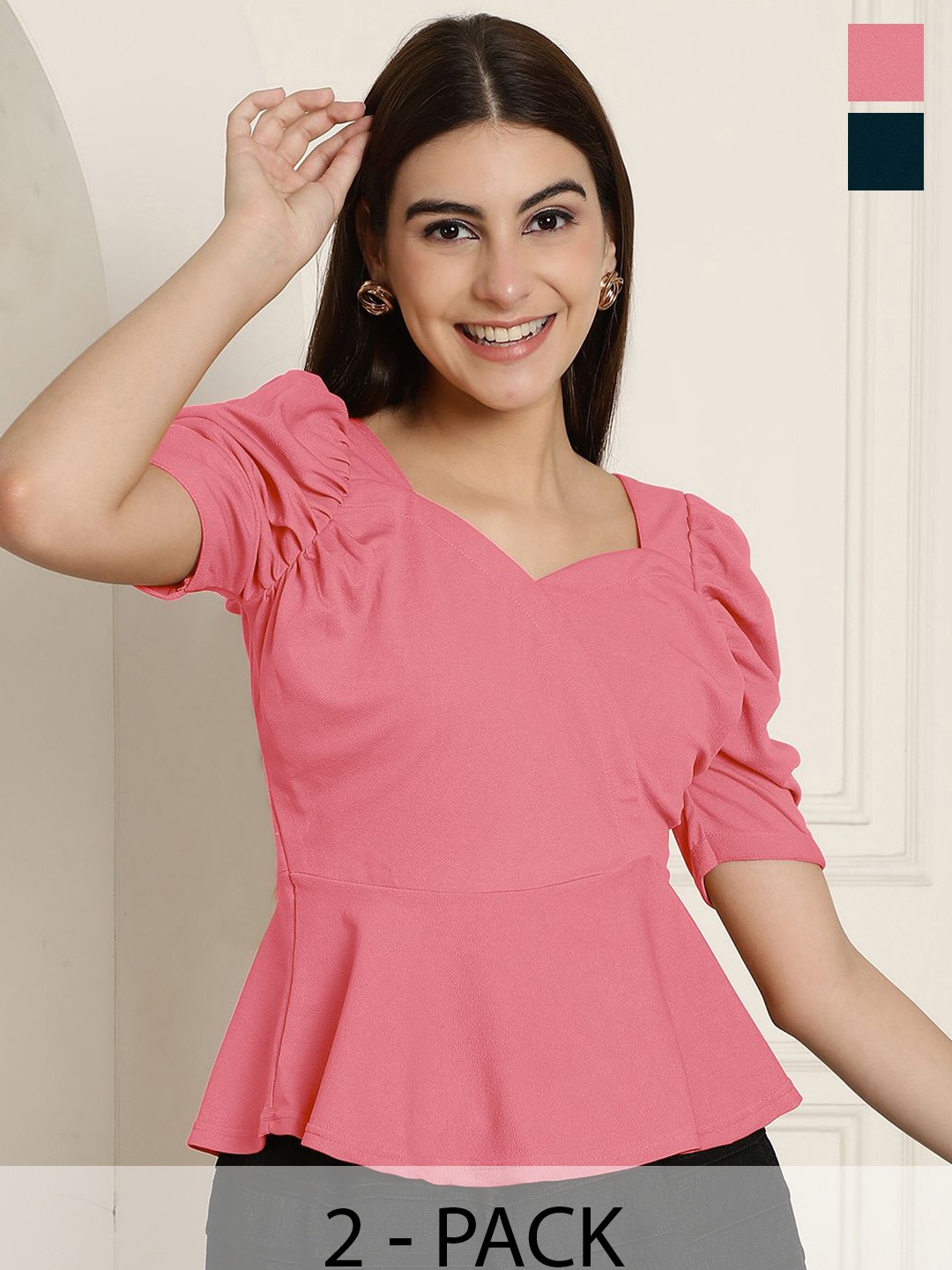 

Tromko Women Pack Of 2 Puff Sleeve Peplum Top, Multi