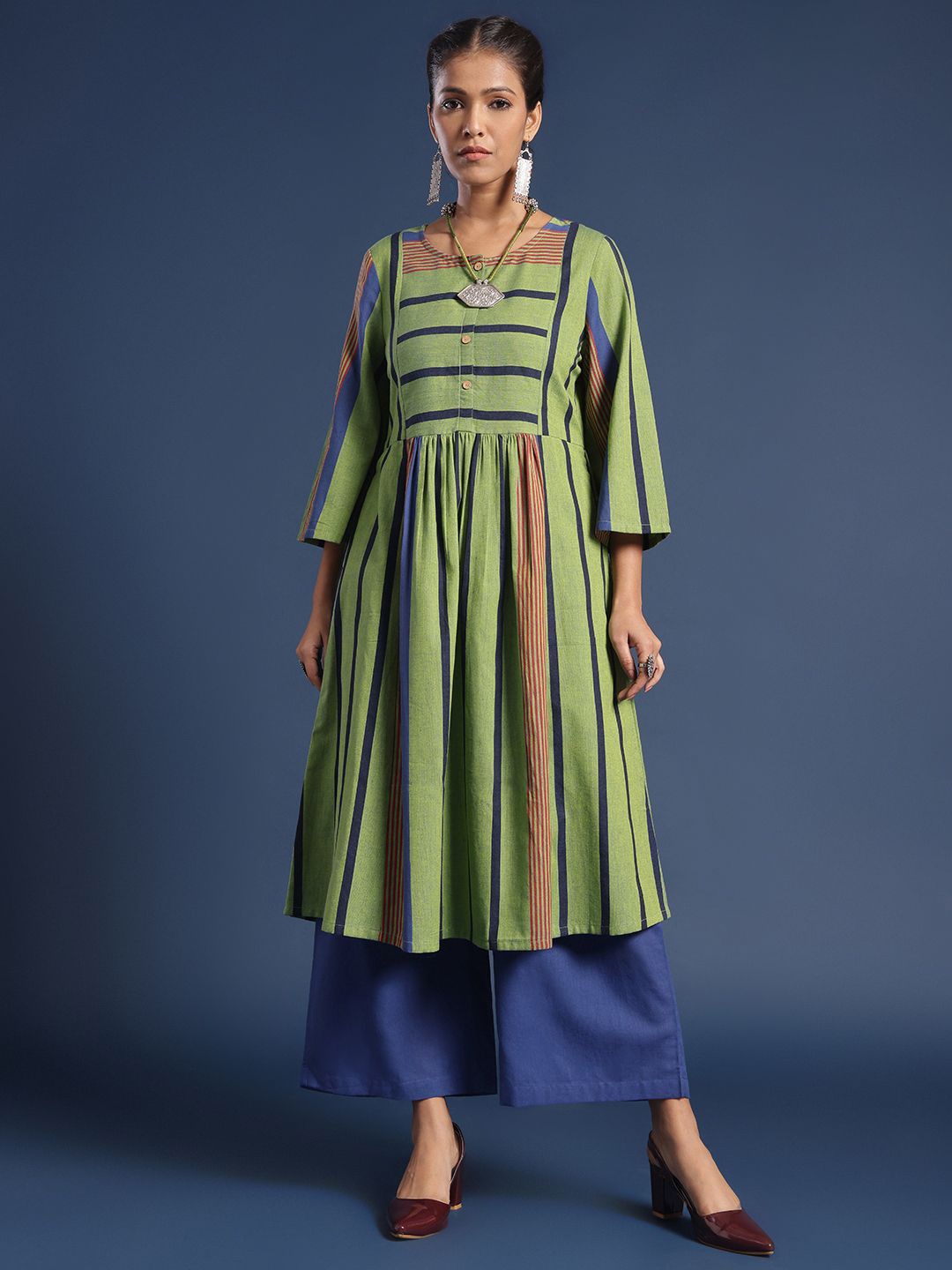 

Taavi Striped Pure Cotton Round Neck Kurta & Palazzo Set, Green