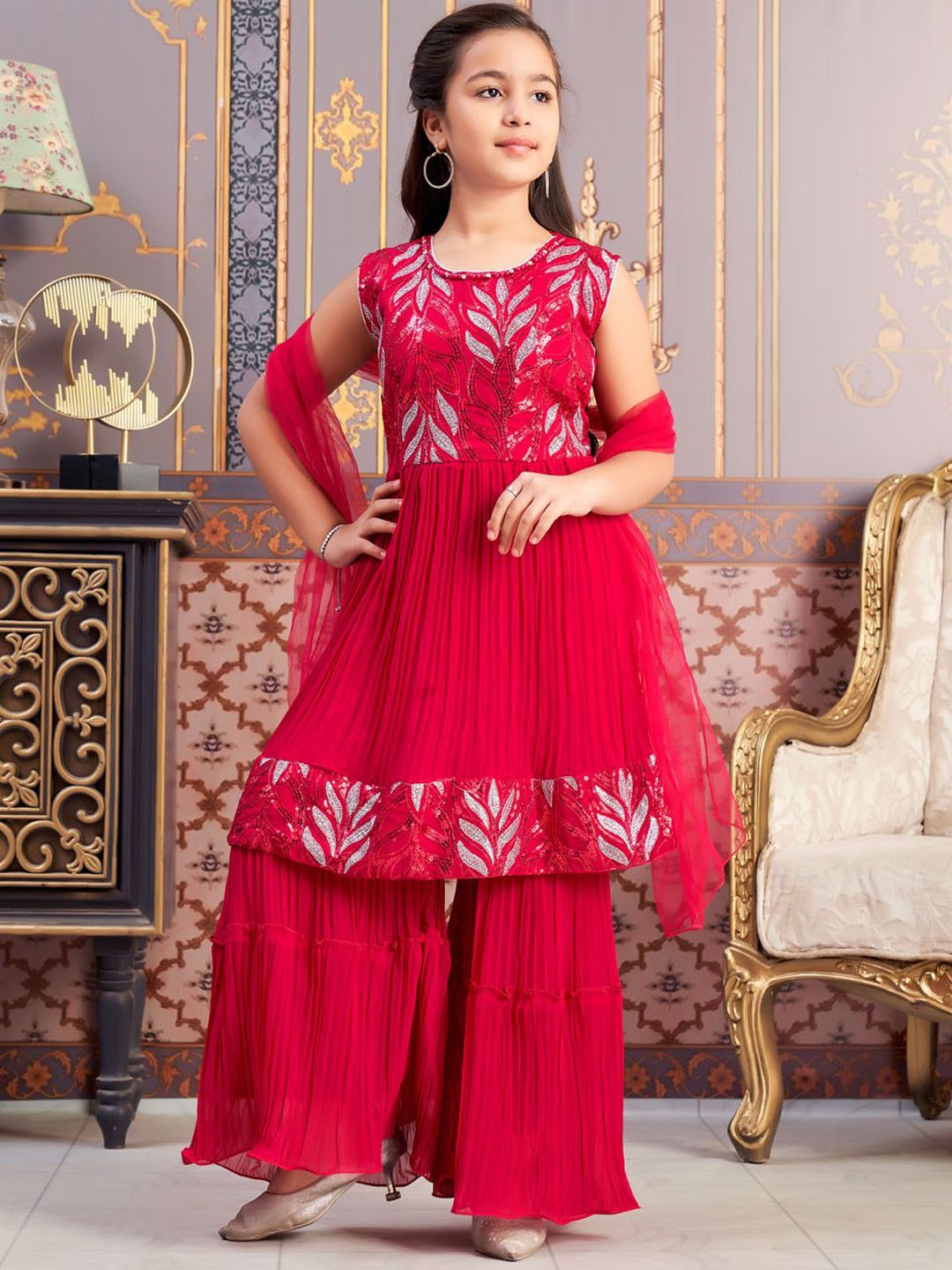 

BAESD Girls Floral Embroidered Sequinned Kurta With Sharara And Dupatta, Pink