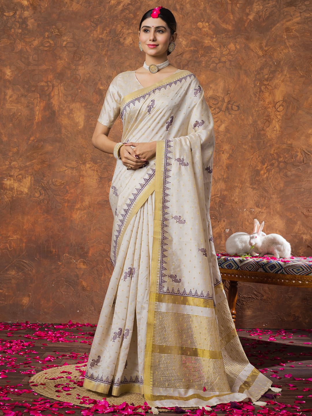 

Saree mall Woven Design Zari Linen Blend Kasavu Sarees, Cream