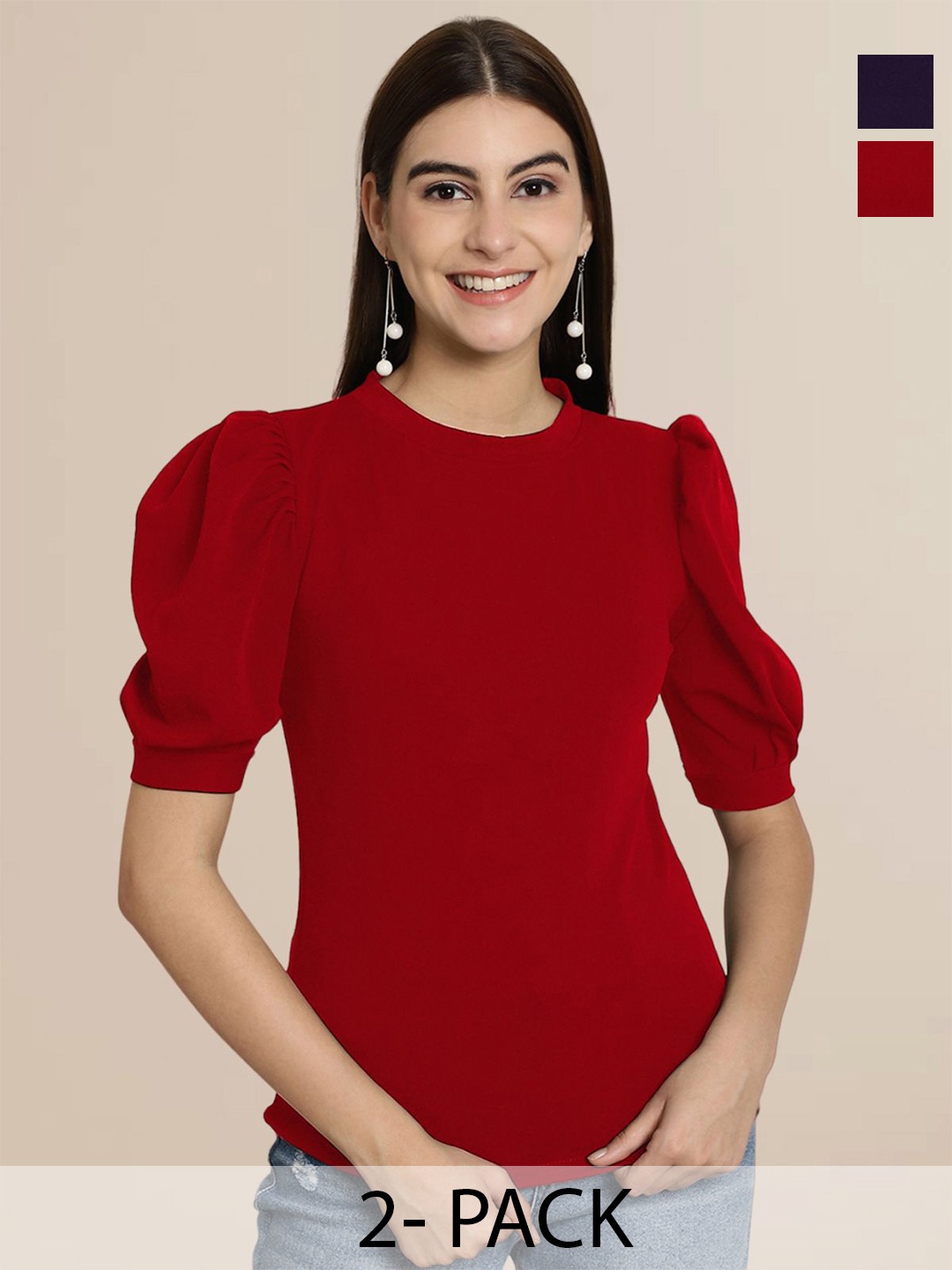 

Tromko Women Pack Of 2 Puff Sleeve Top, Maroon