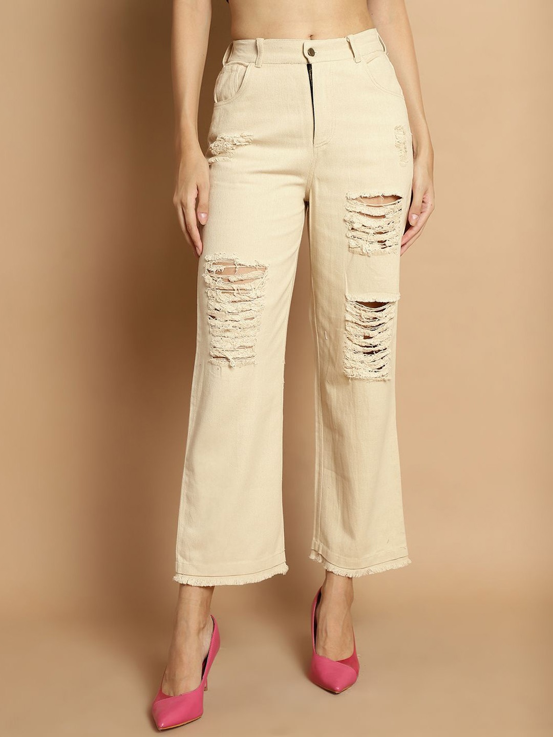 

JAKANARY Women Relaxed High-Rise Easy Wash Trousers, Beige