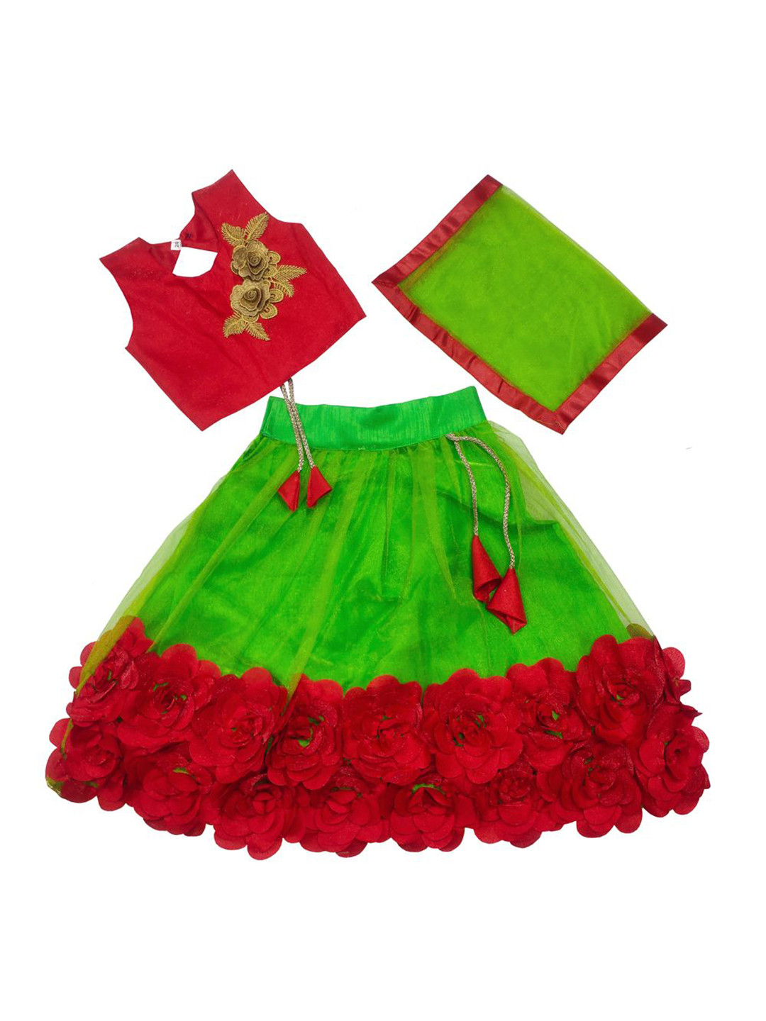 

satyamfab Girls Embroidered Patchwork Ready to Wear Lehenga & Blouse With Dupatta, Green