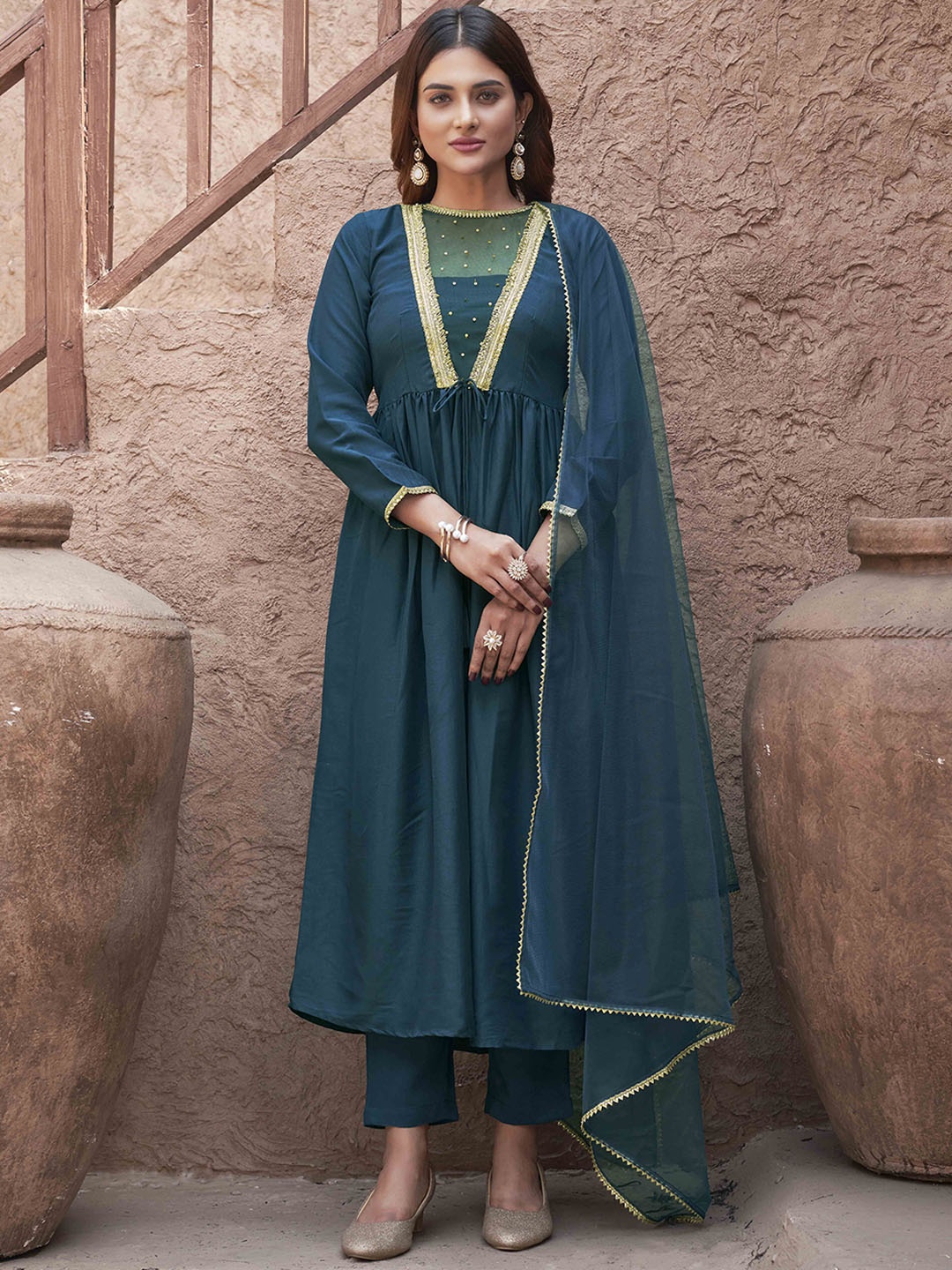 

Tikhi Imli Women Yoke Design Pleated Sequinned Kurta with Trousers & With Dupatta, Teal
