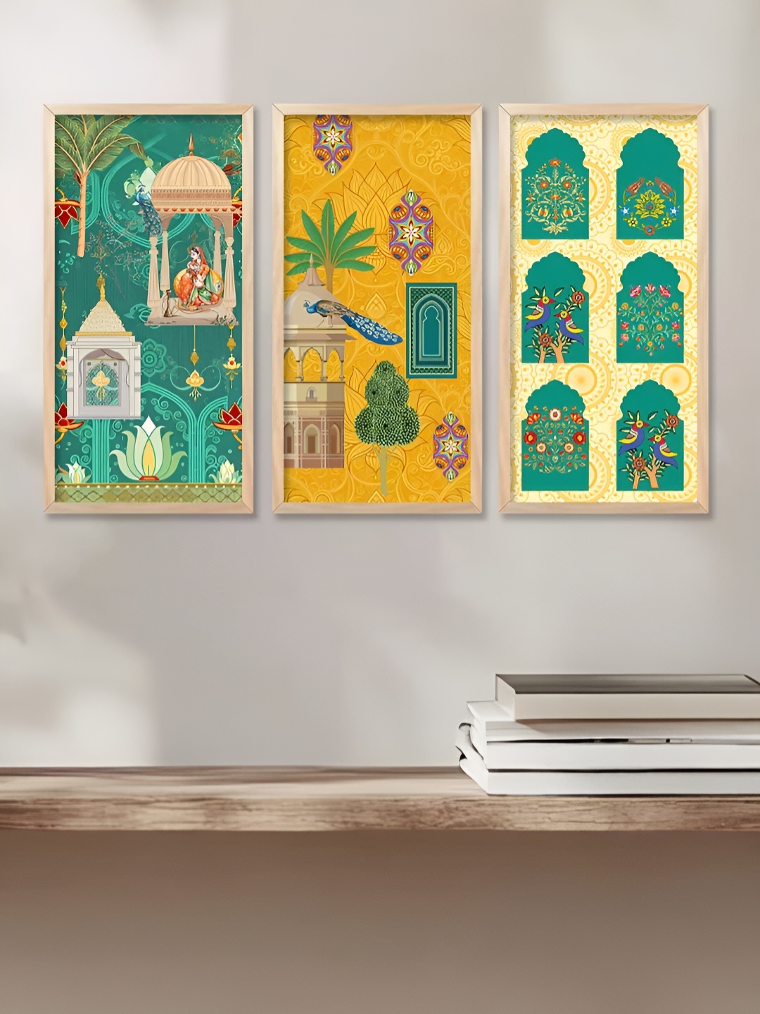 

WALLLANE Green & Yellow 3 Piece Wood Abstract Wall Paintings