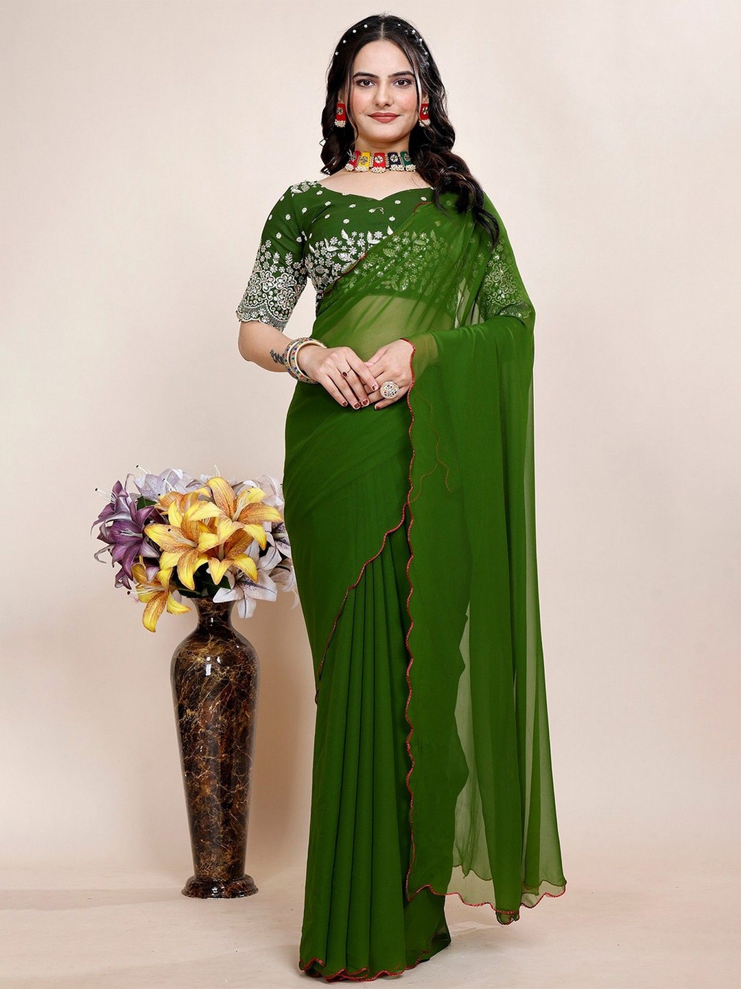 

K 5 Fashion Embroidered Pure Georgette Saree, Green