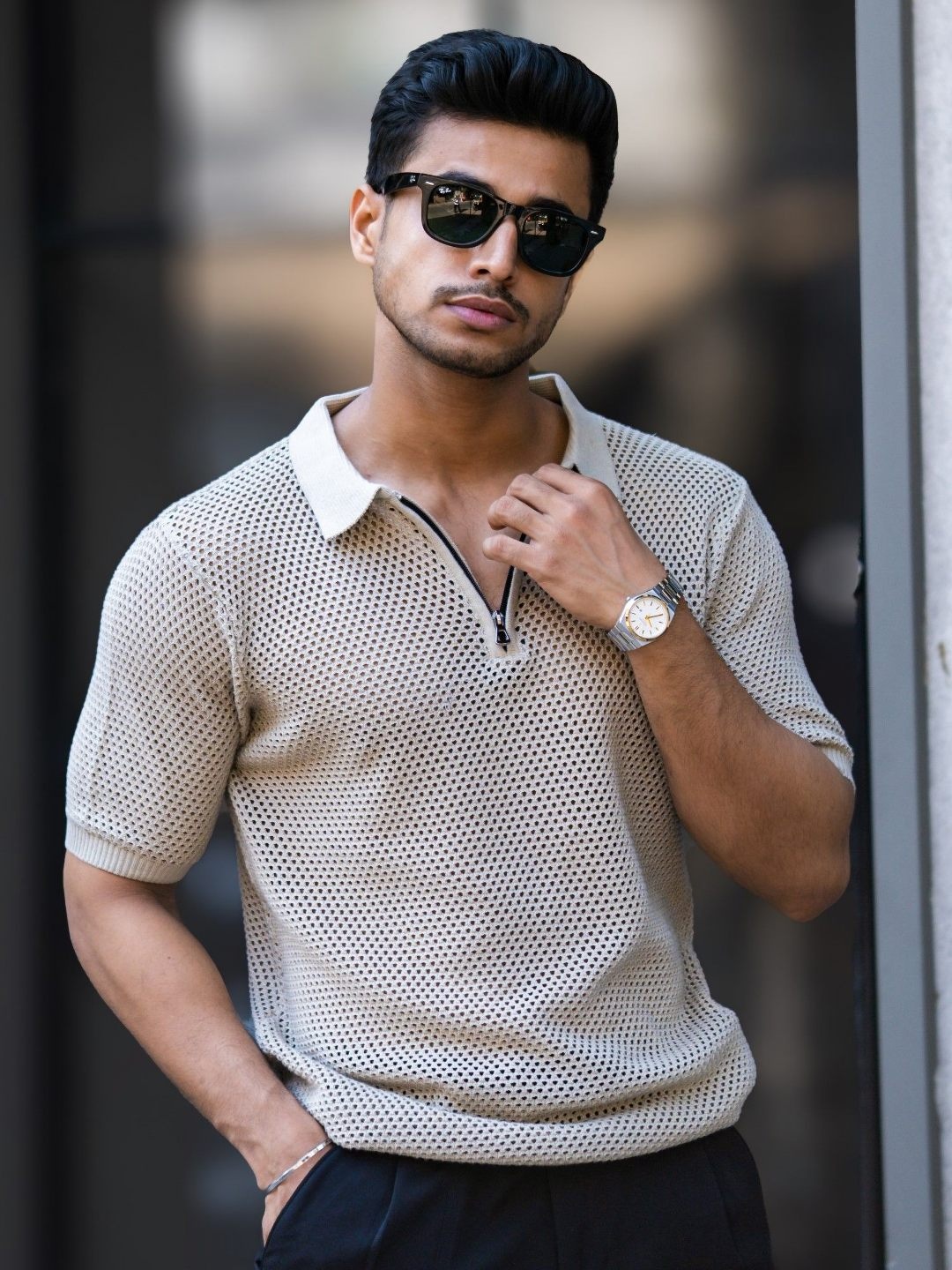 

Maniac Men Polo Collar Pockets Slim Fit T-shirt, Beige