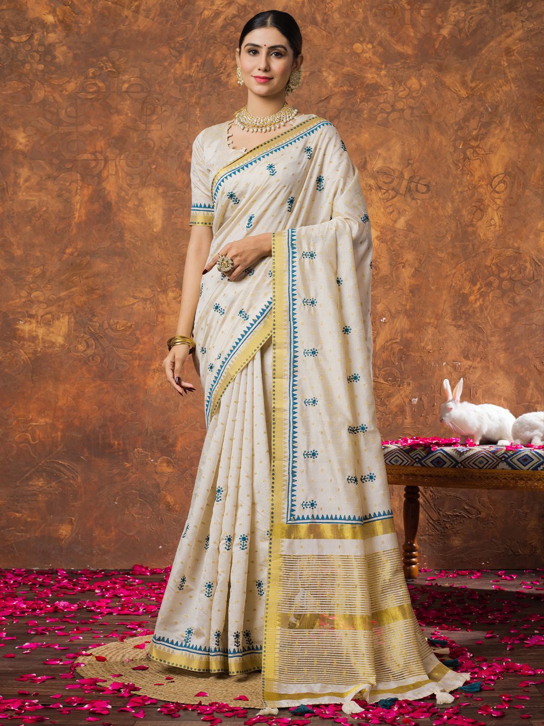 

Saree mall Woven Design Zari Linen Blend Kasavu Sarees, Cream