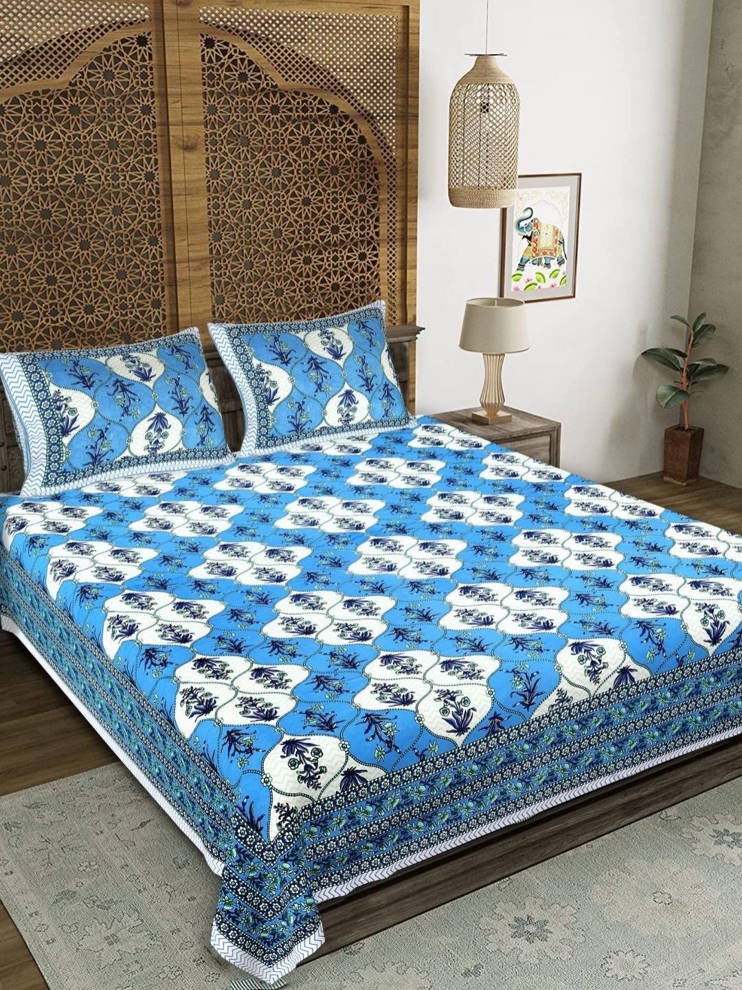 

COLOURSBLOCK Blue & White Floral Printed Cotton 180 TC King Bedsheet Set 2.75 m x 2.35 m
