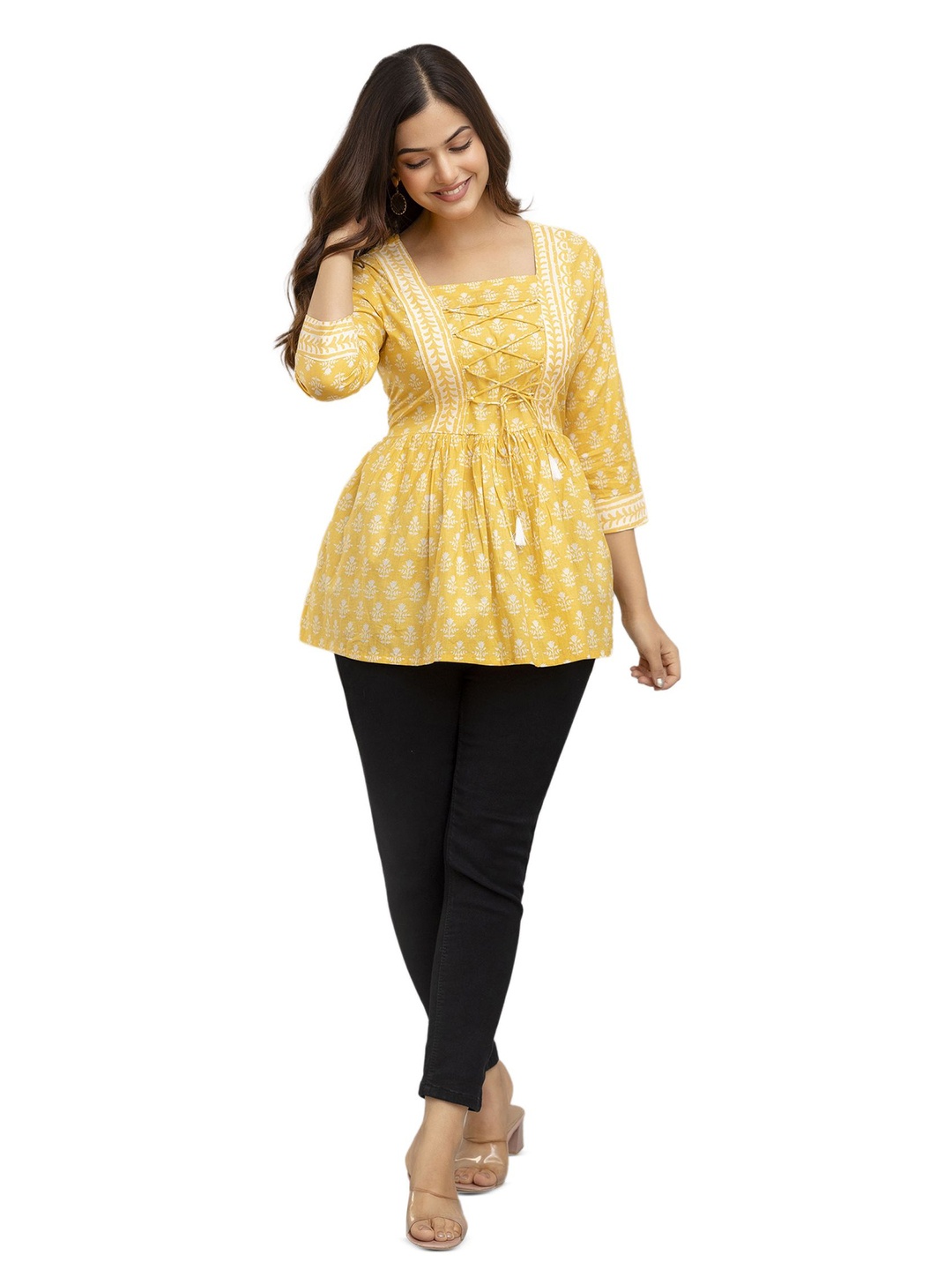 

DMP FASHION Floral Print Bell Sleeve Cotton Cinched Waist Top, Yellow