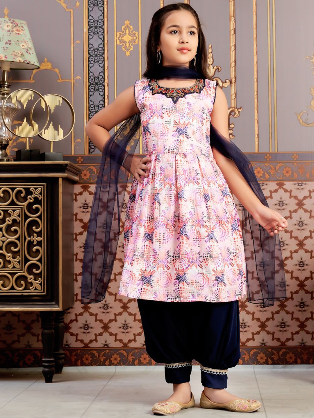 

Sangria Girls Embroidered Sequined Kurta Patiala & Dupatta Set, Navy blue