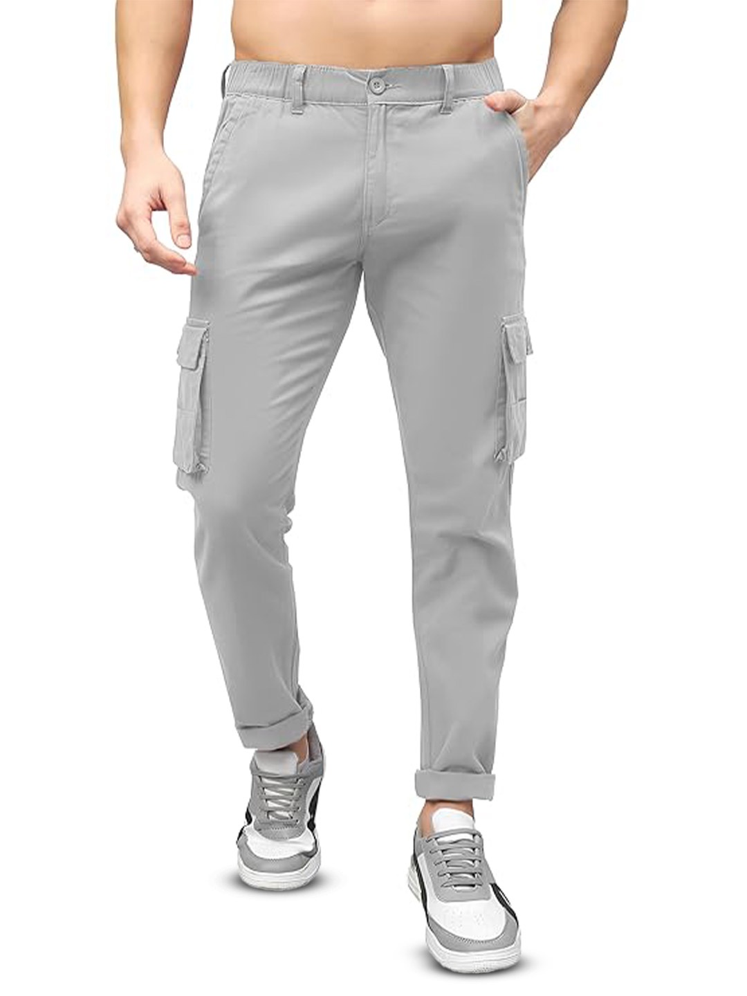 

BAESD Men Classic Slim Fit High-Rise Cargos Trousers, Grey
