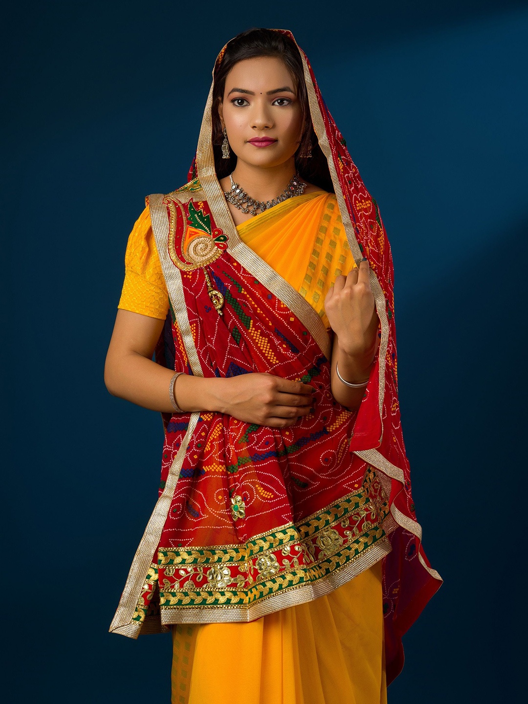 

KCPC BANDHANI Embroidered Dupatta with Beads and Stones, Red