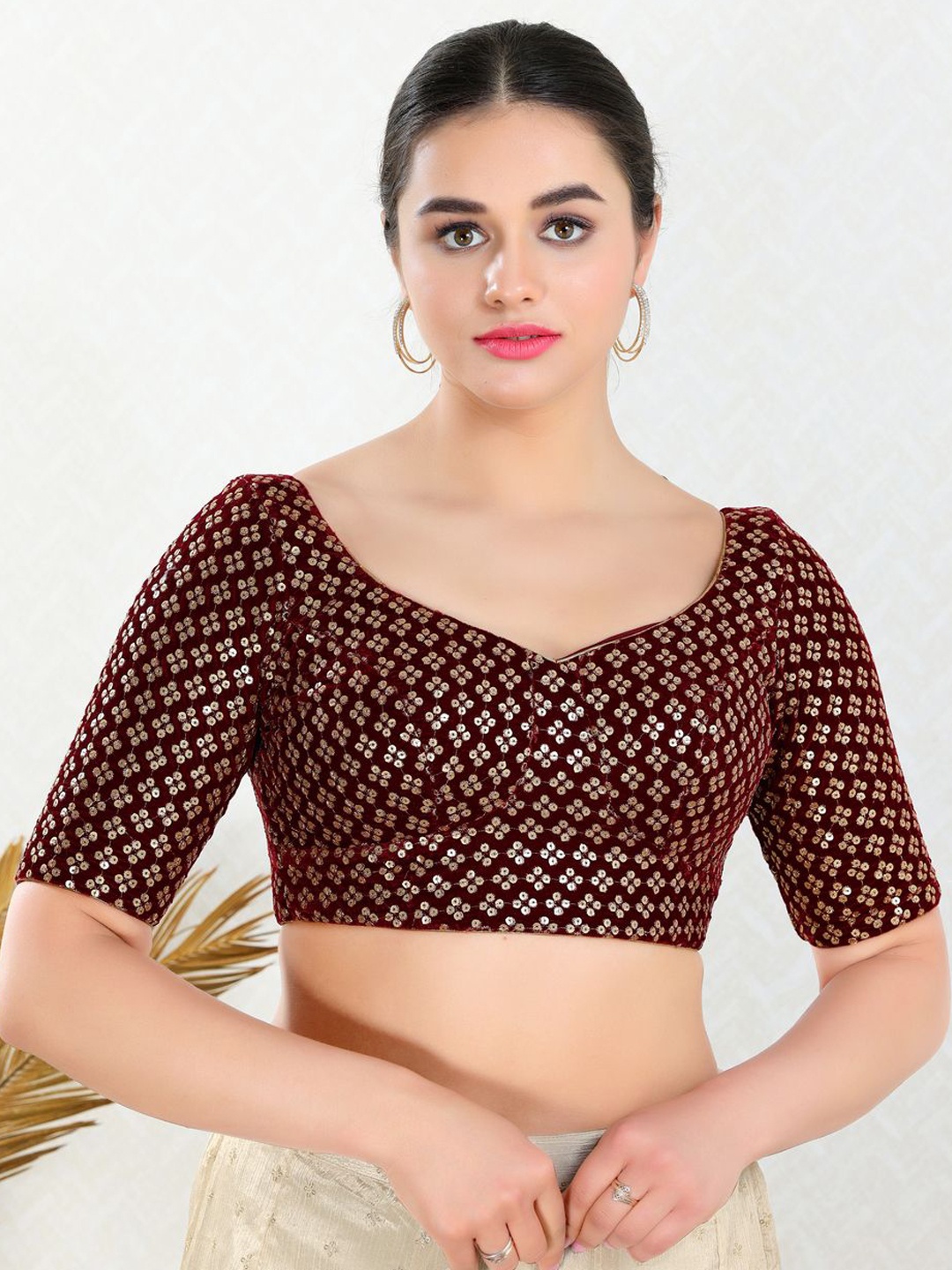 

VAMAS - THE DESIGNER BLOUSES Women Embroidered Sweetheart Neck Padded Saree Blouse, Maroon