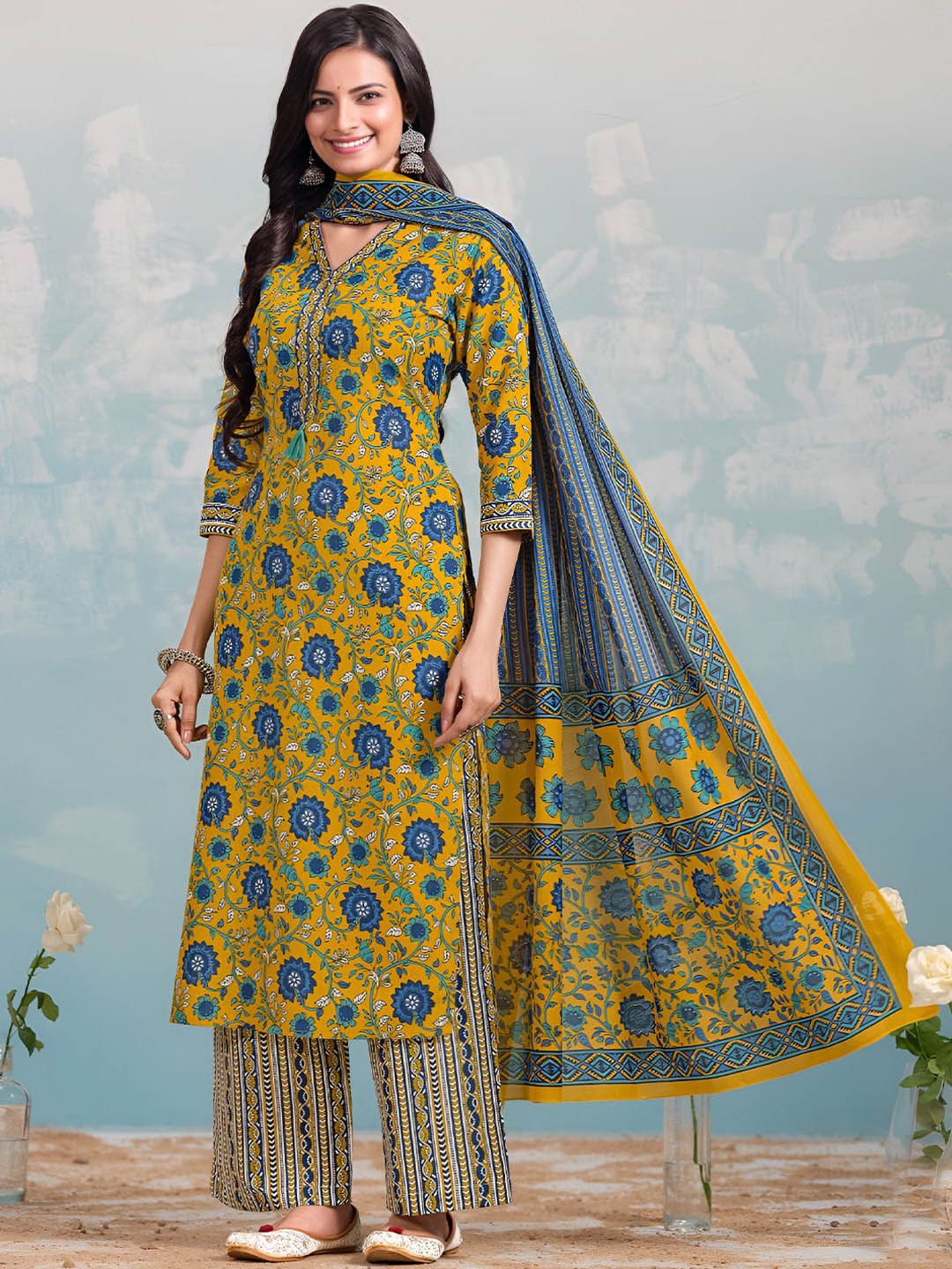 

Varanga Women Floral Printed Regular Kurta with Trousers & With Dupatta, Mustard