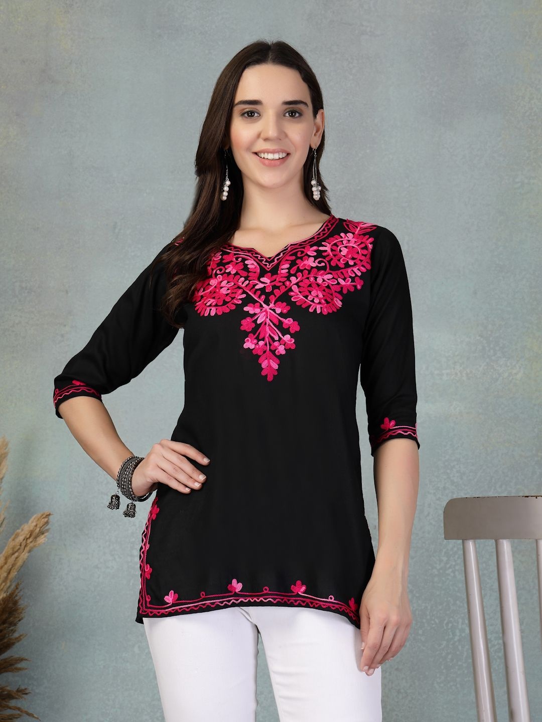 

Clora Creation Floral Embroidered Thread Work Thread Work Kurti, Black