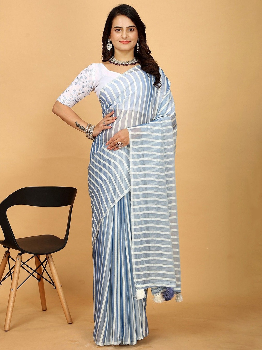 

K 5 Fashion Striped Art Silk Saree, Blue