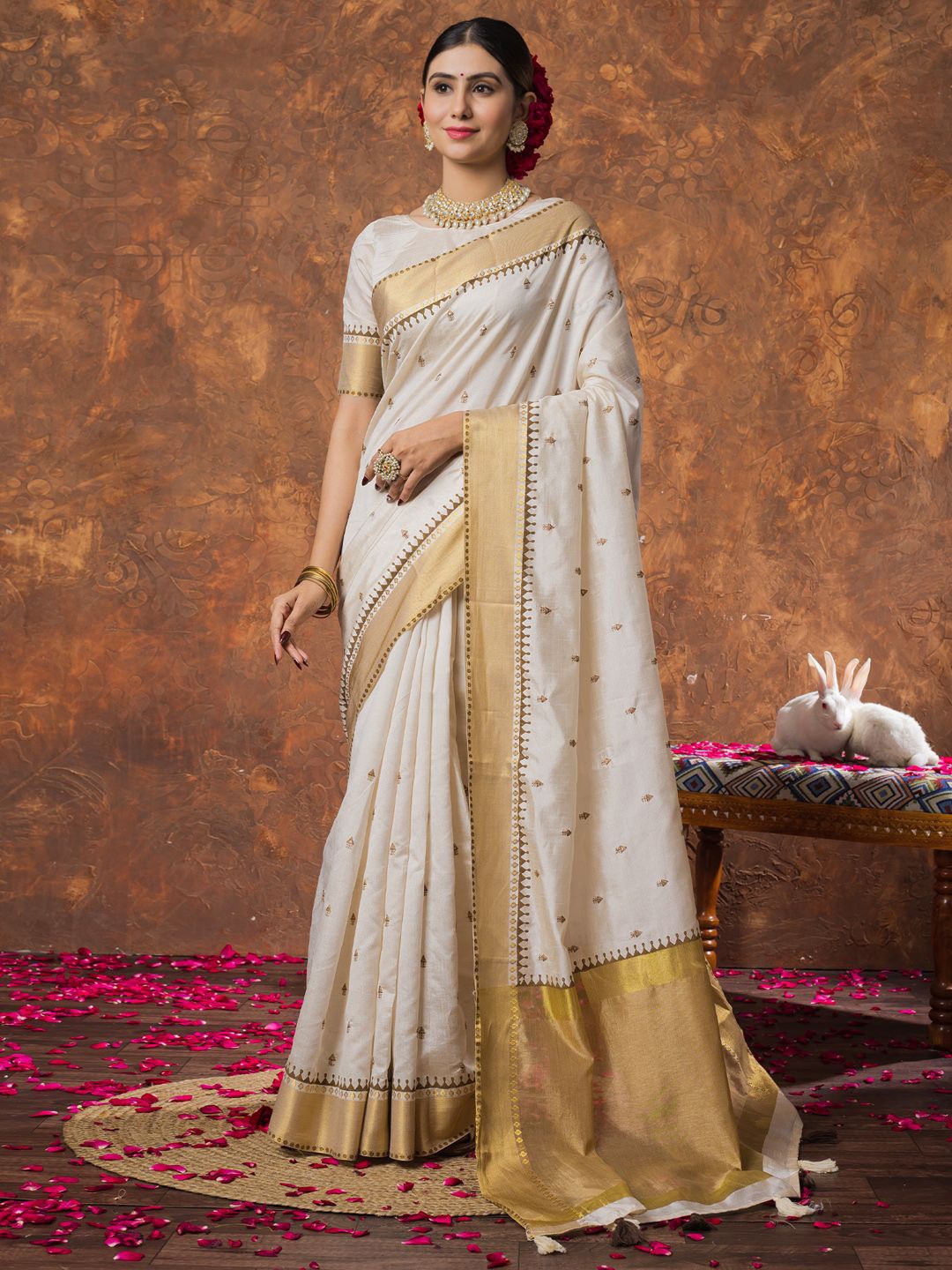 

Saree mall Woven Design Zari Linen Blend Kasavu Sarees, Cream